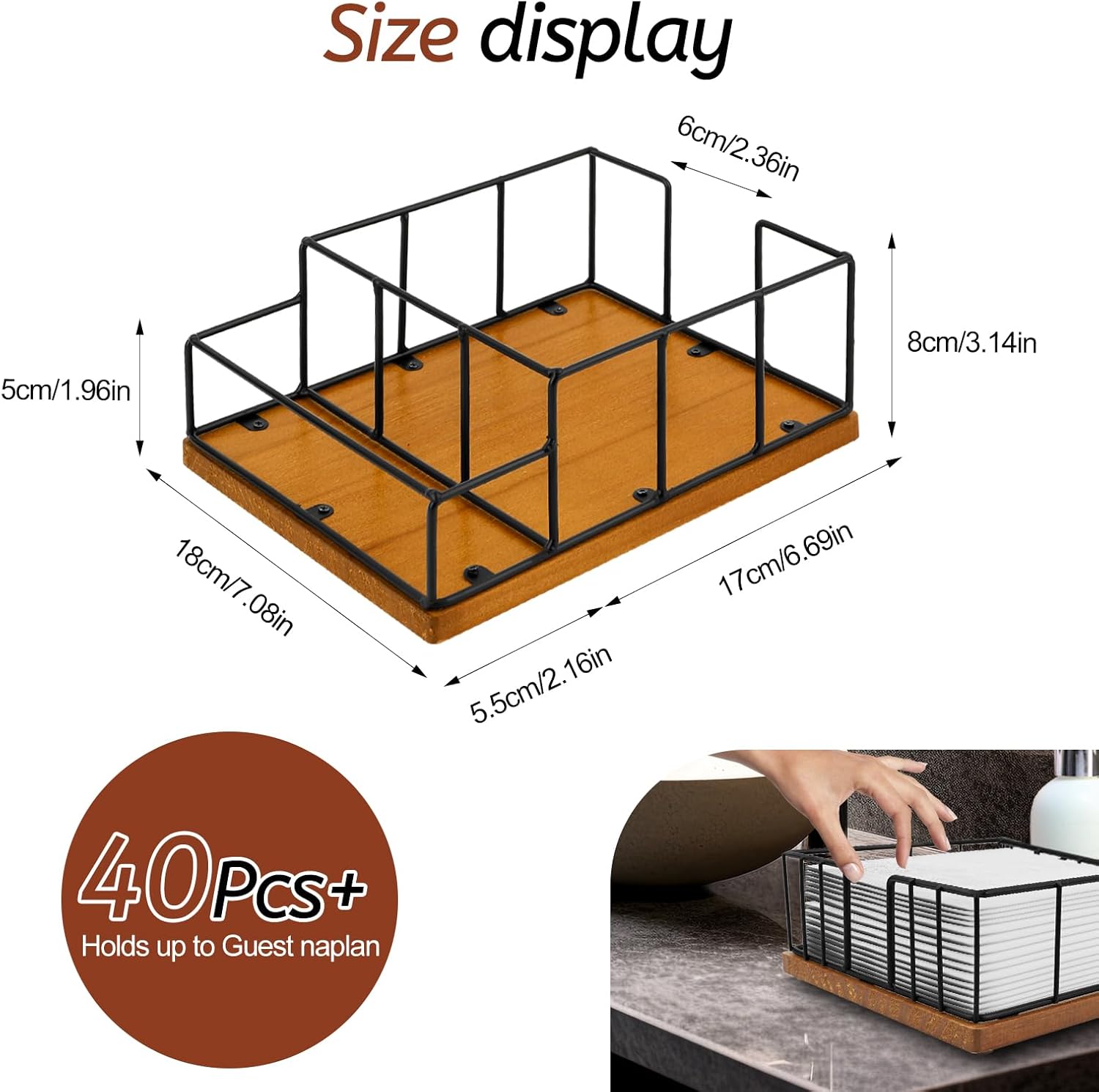 Wooden Napkin Holder with Double Compartments, Salt and Pepper Shaker, Metal Napkin Holder for Kitchen Table Decoration - Oversized and Simple Napkin Dispenser