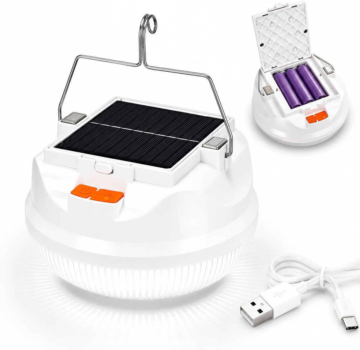 Luces solares para tienda de campaña y luces para toldo de 20 W, linterna recargable para acampar | 20W, 6000mAh, 3 baterías extraíbles, solar y recargable por USB-C. Ideal para acampar, tiendas de campaña, caminatas, vehículos recreativos, pesca, cortes.
