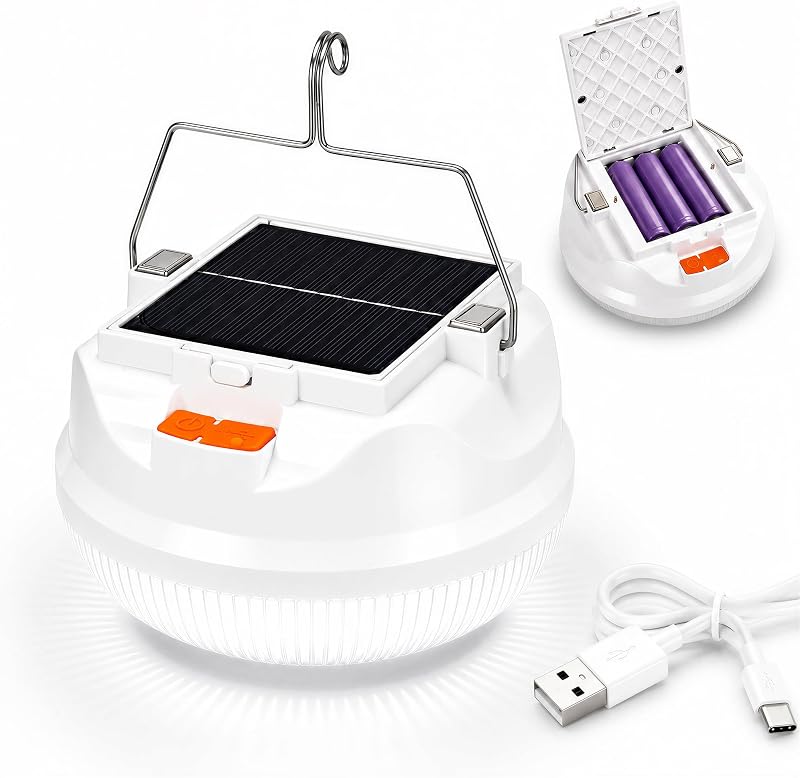 Luces solares para tienda de campaña y luces para toldo de 20 W, linterna recargable para acampar | 20W, 6000mAh, 3 baterías extraíbles, solar y recargable por USB-C. Ideal para acampar, tiendas de campaña, caminatas, vehículos recreativos, pesca, cortes.