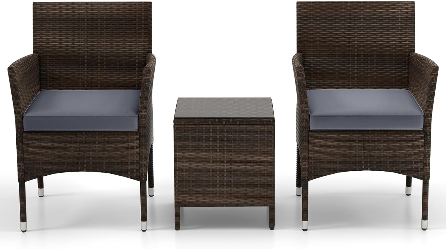 KOTEK 3 Piece Patio Furniture Set, Outdoor Wicker Patio Chairs with Soft Cushions & Tempered Glass Top Table, PE Rattan Bistro Set for Porch, Garden, Balcony (Grey)