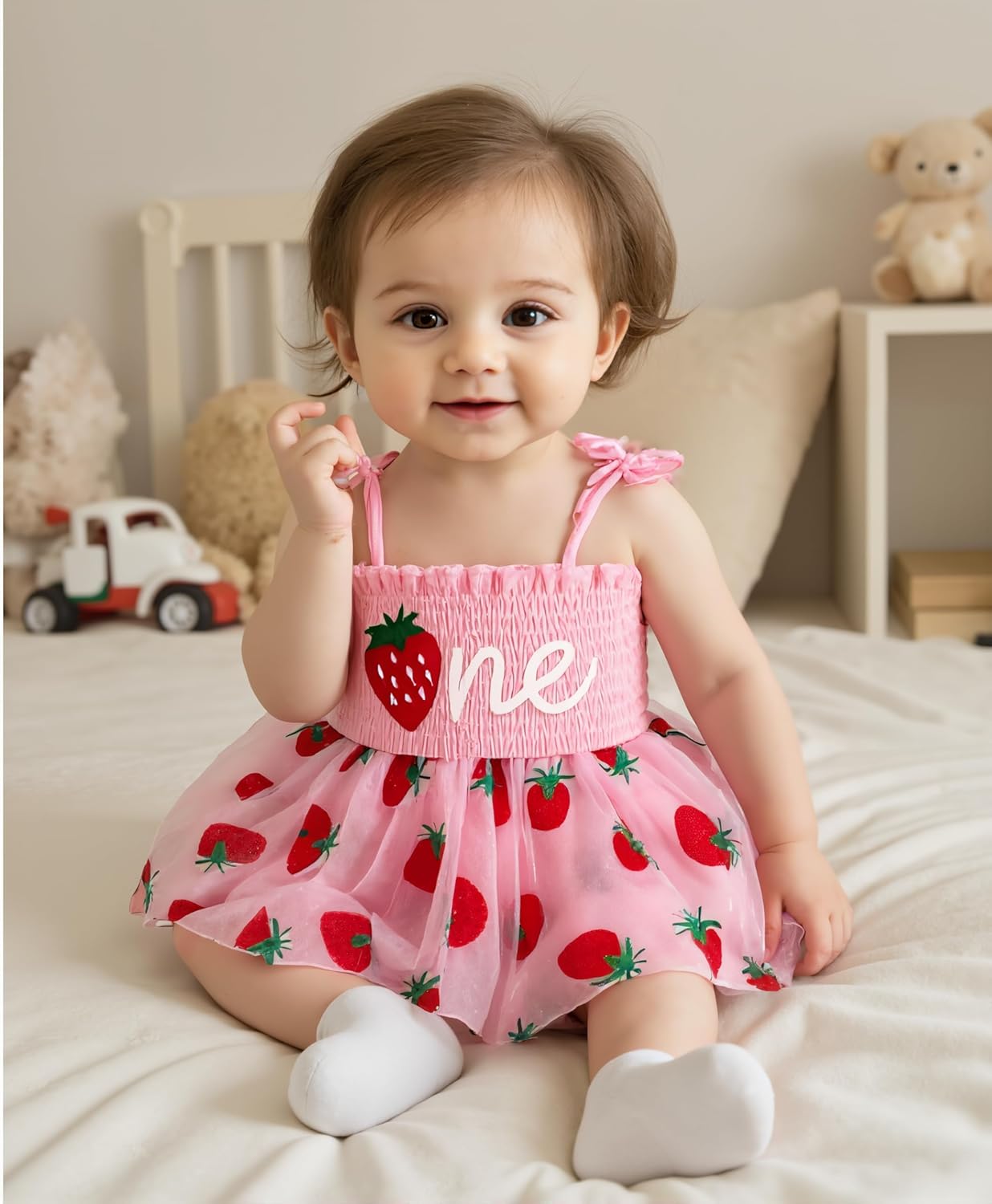 Baby Girl First Birthday Outfit Summer Sleeveless Smocked Fairy Berry One Romper Tulle Dress + Headband - Image 2