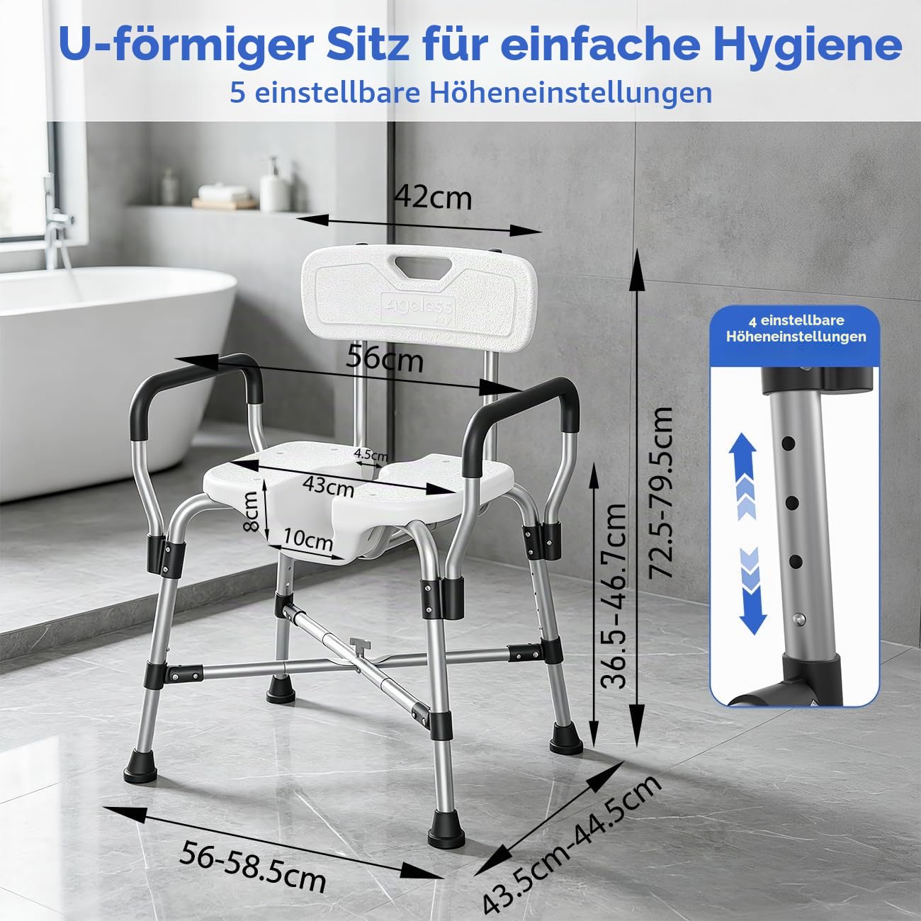 Duschstuhl für Senioren und Behinderte, Höhenverstellbarer Duschhocker 150 kg mit Armlehnen und Rückenlehne, Ergonomischer Badhocker für die Dusche, Duschsitz mit U-Ausschnitt, Stabil