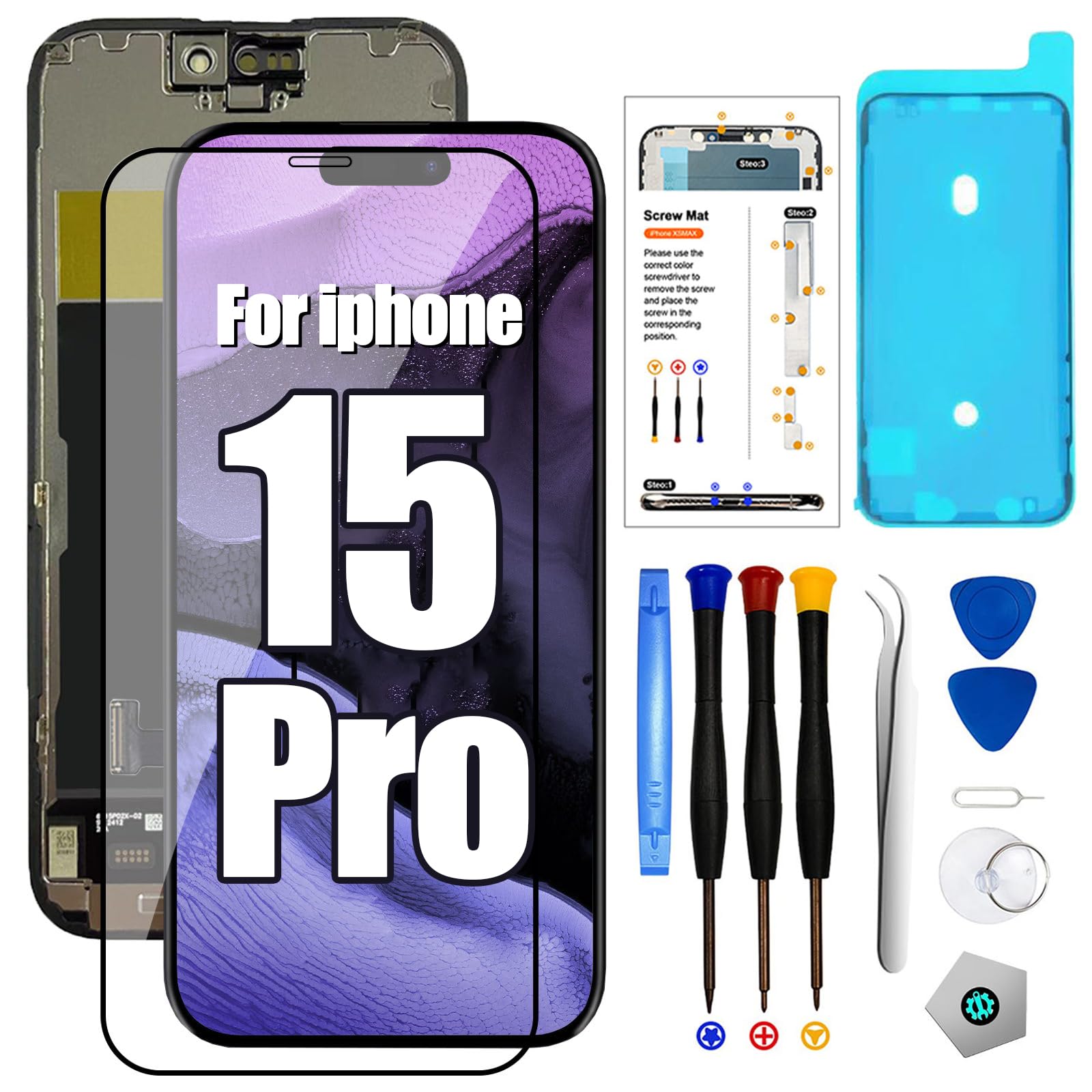 LMQ for iPhone15 Pro Screen Replacement Kit 6.1Inch Full HD LCD Display 3D Touch Screen Digitizer Frame Assembly for(Model A2848,A3101,A3102,A3104)with Repair Tool+Screen Protector,Waterproof Adhesive