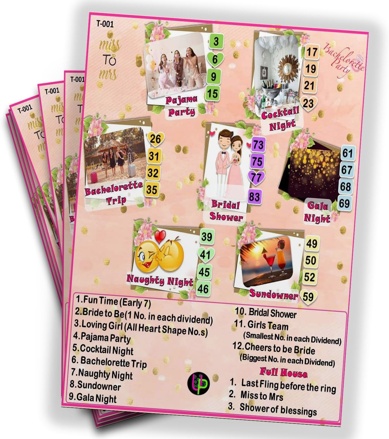 Different Theme Tambola Tickets | Bachelorette Theme | Tambola Bingo Housie Tickets | English | for Kitty Party Game & Gatherings | Bingo Cards (Set of 15 Tickets Cards)