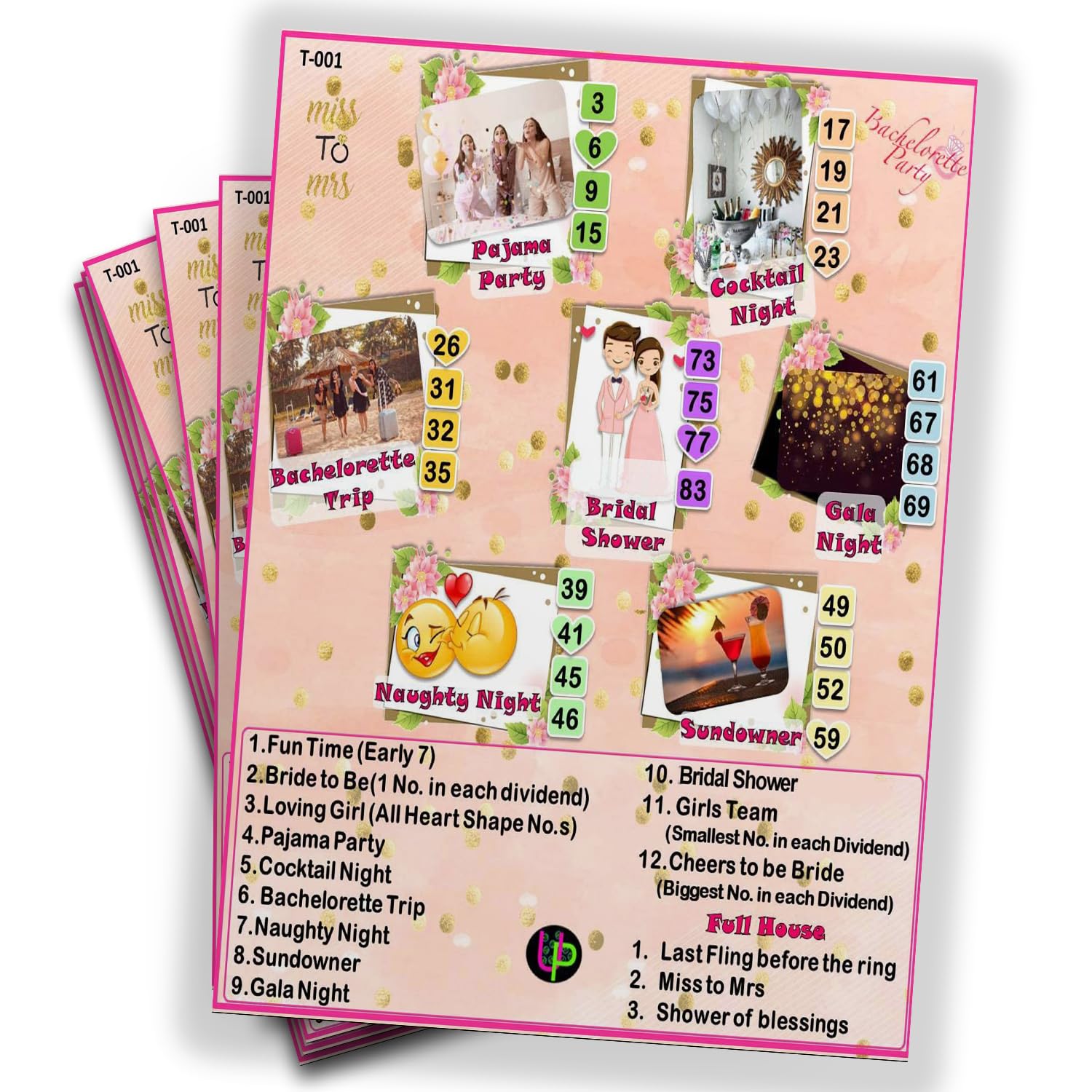 Different Theme Tambola Tickets | Bachelorette Theme | Tambola Bingo Housie Tickets | English | for Kitty Party Game & Gatherings | Bingo Cards (Set of 15 Tickets Cards)