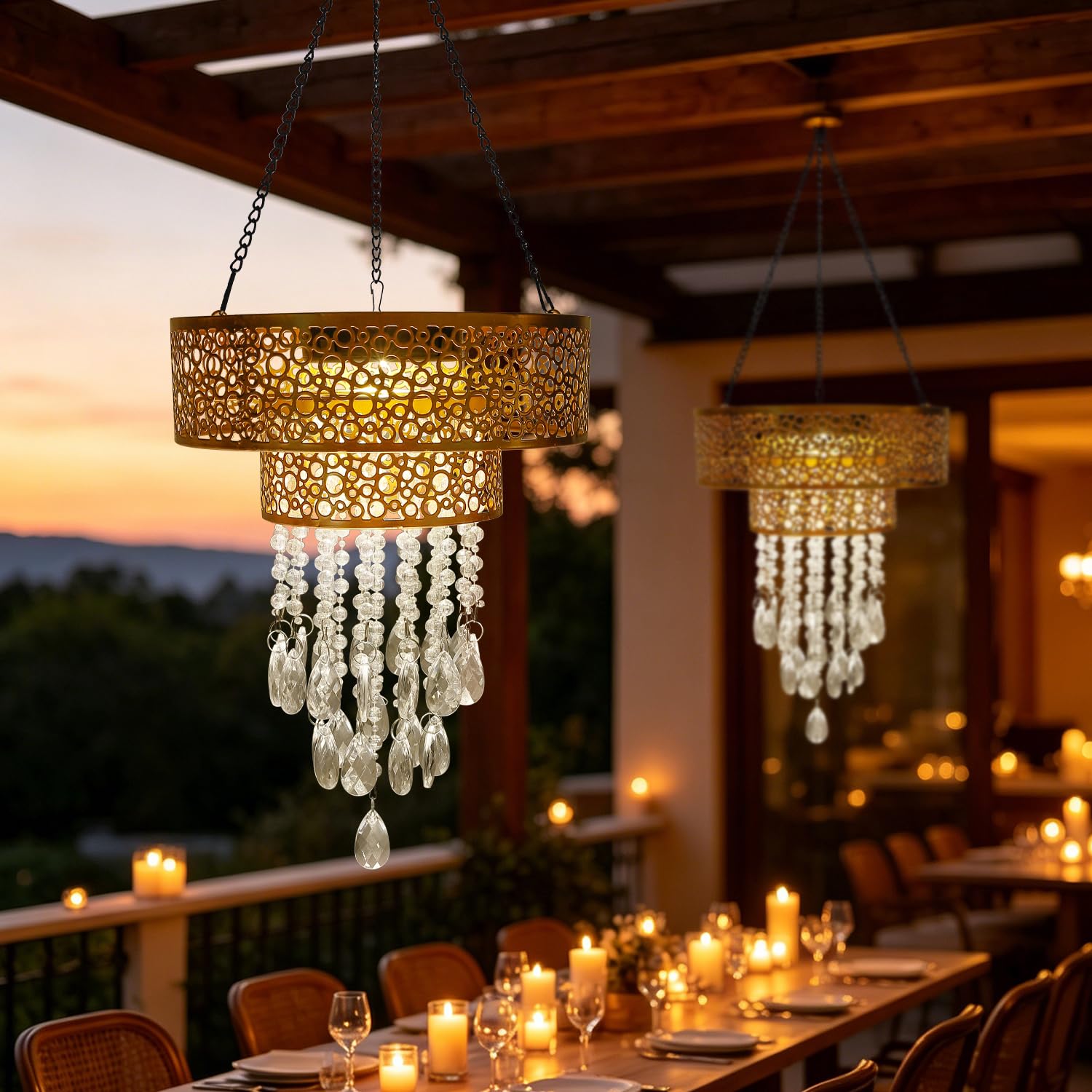 Solarlampen für Außen Solar Hängeampel mit Kristallperlen Gold Solar Laterne Garten Terrasse Balkon Outdoor Deko