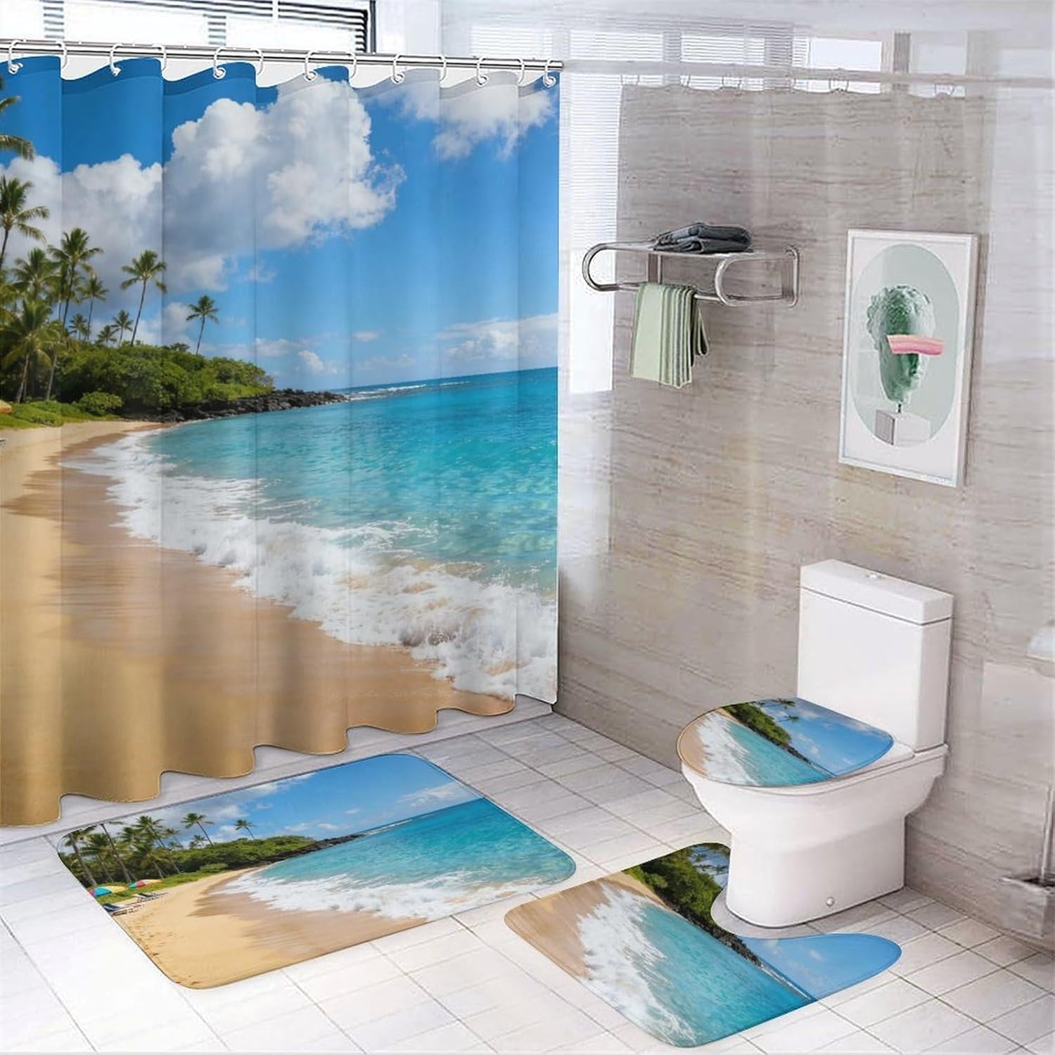 4 Piece Bathroom Rug Set with Shower Curtain, Non-Slip Bath Mat Toilet Cover Set, Hawaiian Beach Bathroom Rug Sets