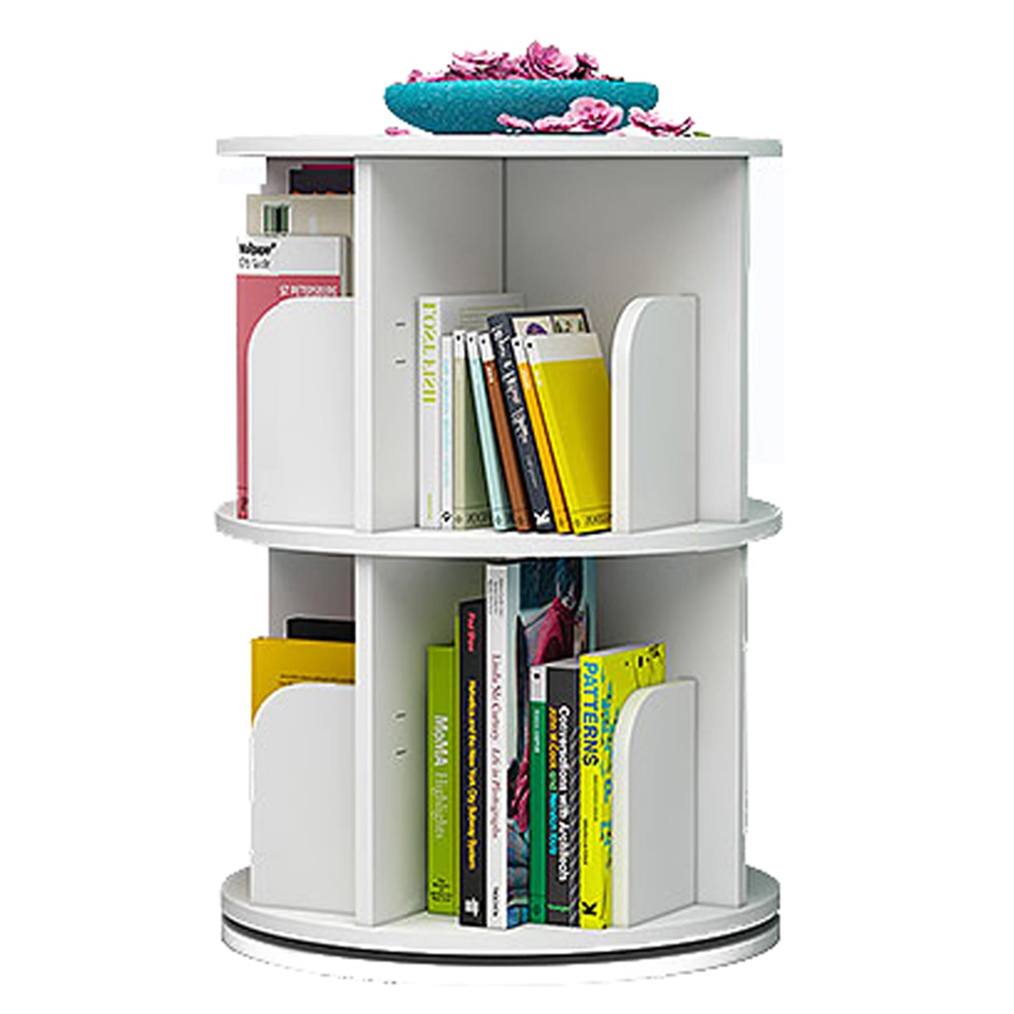 ASerZenith 360 Rotating Corner Bookshelf Storage Rack For Small Spaces Floor Standing Narrow Bookcase Organizer For Bedroom Or Living Room 3 Tier Display Shelf (White 2Tier)