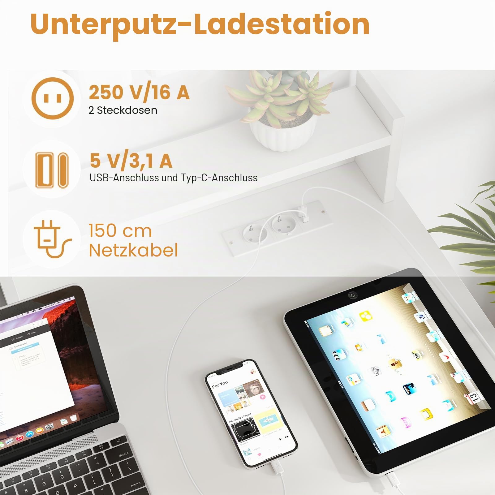 LIFEZEAL Computertisch mit Tastaturauszug, Schreibtisch Holz mit Steckdose & Ladestation, Bürotisch mit Ständer, PC Tisch für Arbeitzimmer Büro homeoffice (weiß)