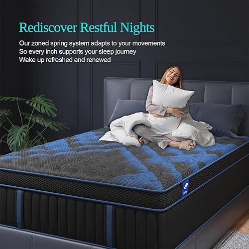 Miniatura 8 de Colchón King de 14 pulgadas, Colchones híbridos de firmeza media con espuma viscoelástica de gel y resortes embolsados, aislamiento de movimiento,