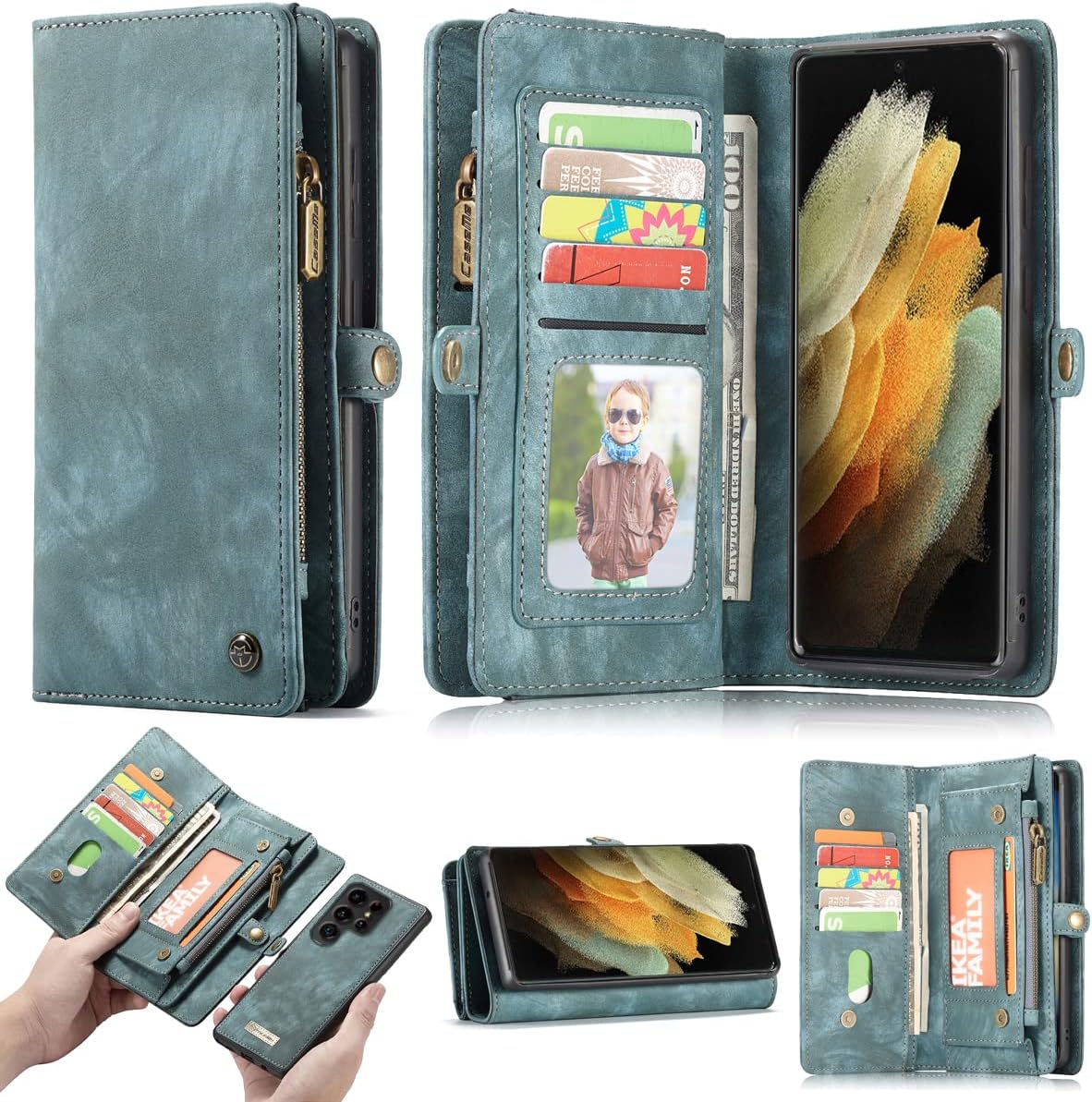 JGY Samsung Galaxy S24 Ultra Leather Wallet Detachable Magnetic case with Zipper Pocket Card Holder Samsung S24 Ultra Full Cover Shockproof Detachable Wallet FILP case for Women Man (Brown)