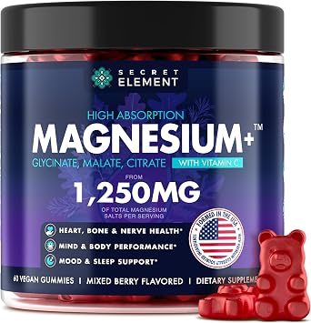 Secret Element Magnesium Glycinate 1250MG Gummies, High Absorption Magnesium Glycinate, Citrate & Malate, with Vitamin C, Sugar-Free, Vegan, Chews for Men & Women, 60 Gummies, Mixed Berry Flavor