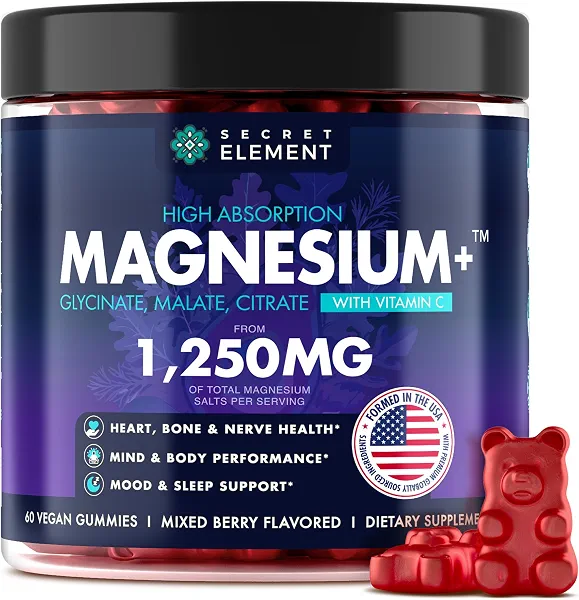 Magnesium Glycinate 1250MG Gummies, High Absorption Magnesium Glycinate, Citrate & Malate, with Vitamin C, Sugar-Free, Vegan, Chews for Men & Women, 60 Gummies, Mixed Berry Flavor