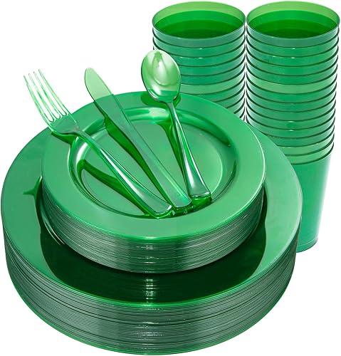 COLOSUS 216 platos de plástico verde, platos verdes elegantes, los platos desechables verdes incluyen 36 platos llanos, 36 platos de postre, 108