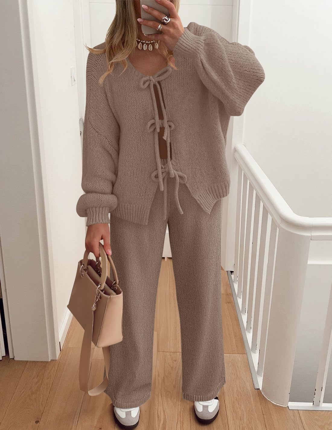 ZESICA Women's 2 Piece Outfits Lounge Pajama Sets 2026 Fall Long Sleeve Cardigans Wide Leg Pants Matching Winter Clothes - Image 9