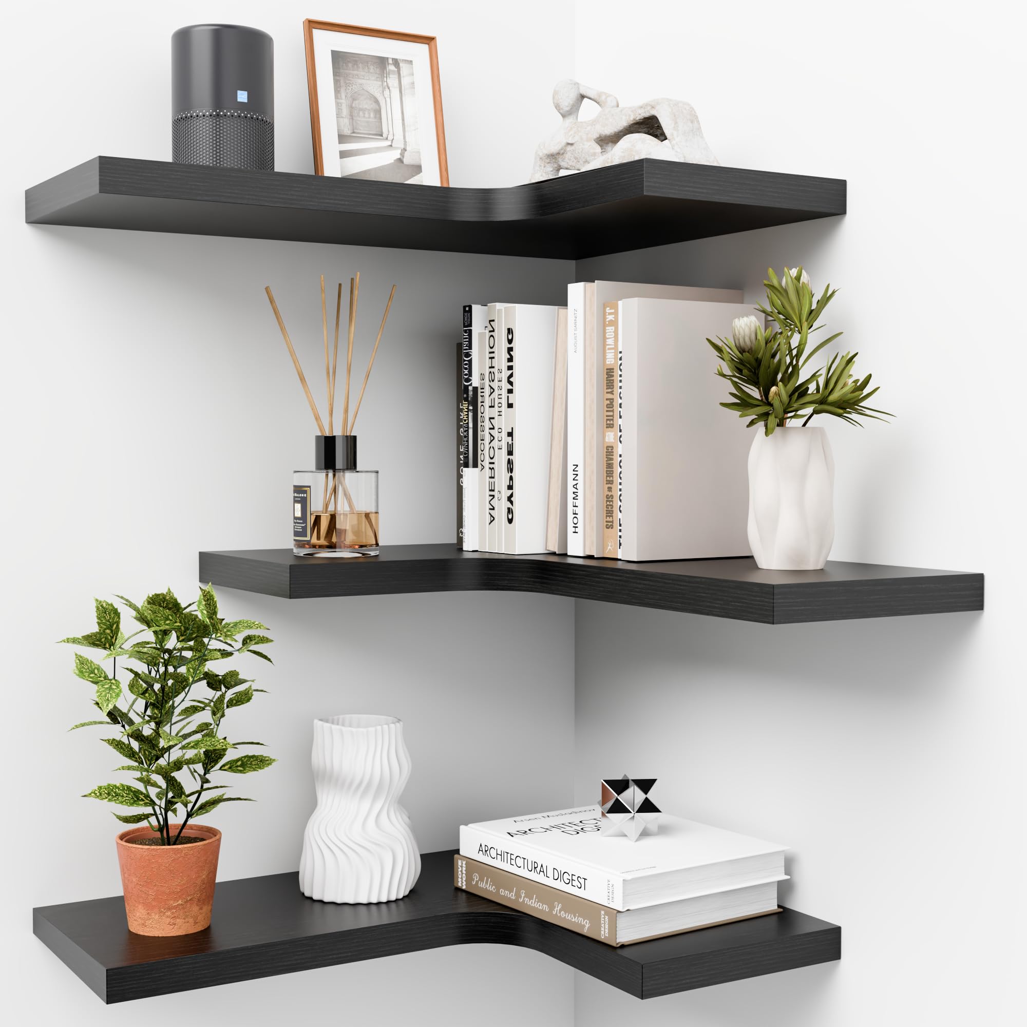 Homagle Wandregal Holz Eckregal HäNgend L-FöRmiger HäNgeregal Bilderleiste Schweberegal Regal KüChe GewüRzregal FüR Wohnzimmer Schlafzimmer Bad Flur BüRo Wand Deko,3er Set (Schwarz) Küche, Haushalt & Wohnen