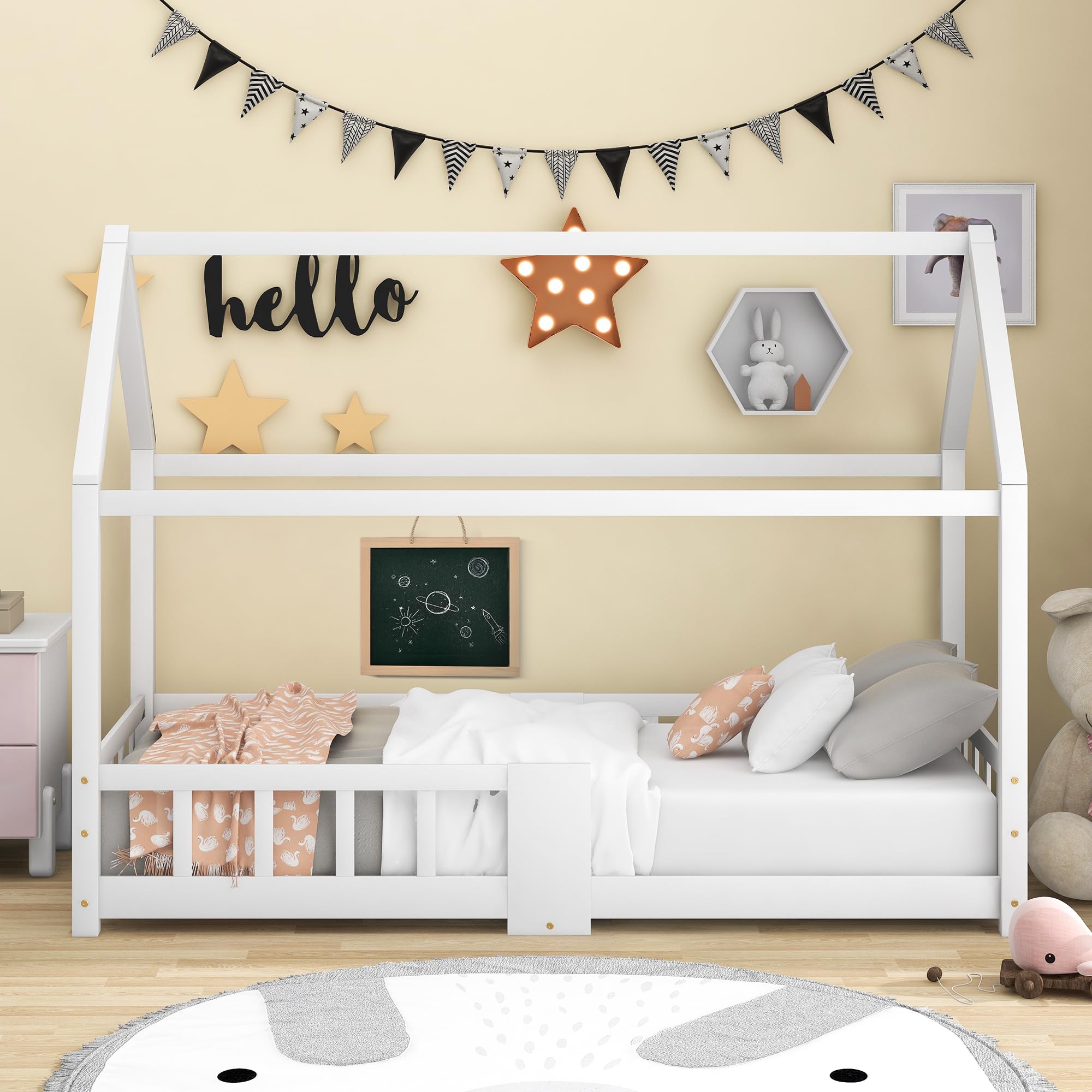 Cama infantil de 90 x 200 cm, cama de madera para habitación infantil, incluye somieres, protección anticaídas, de madera de pino blanco (sin colchón)