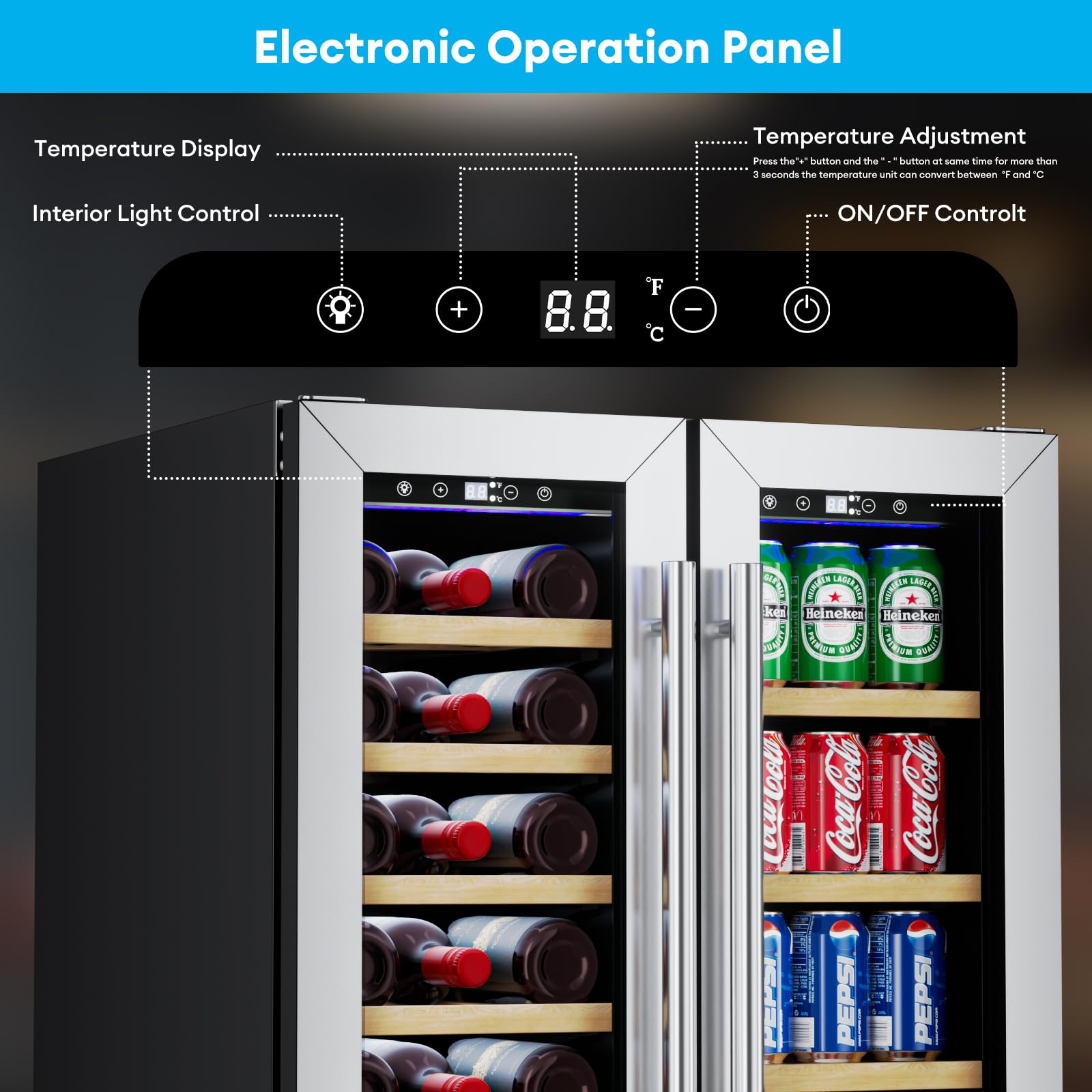 Tabu Wine And Beverage Refrigerator, 24 Inch Dual Zone Wine Cooler With Glass Door&Lock, Built-In Or Freestanding Beverage Fridge Hold 21 Bottles And 88 Cans on Fridge.com - View 5