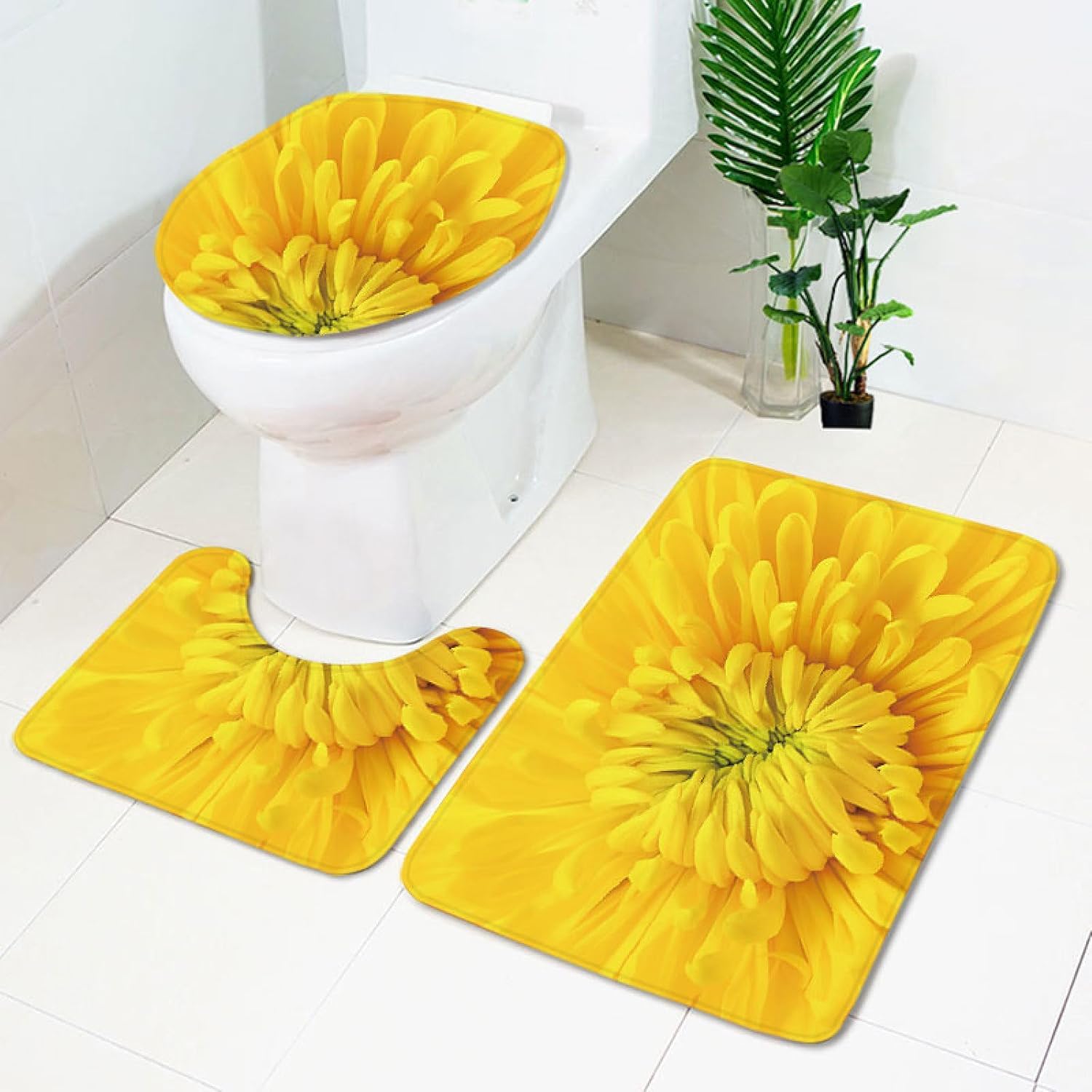 Set di tappetini da Bagno 3 Pezzi Giallo crisantemo Antiscivolo per Bagno Tappeto Lavabile in Memory Foam Tappeto copriwater tappetini a Forma di U 50x80 cm