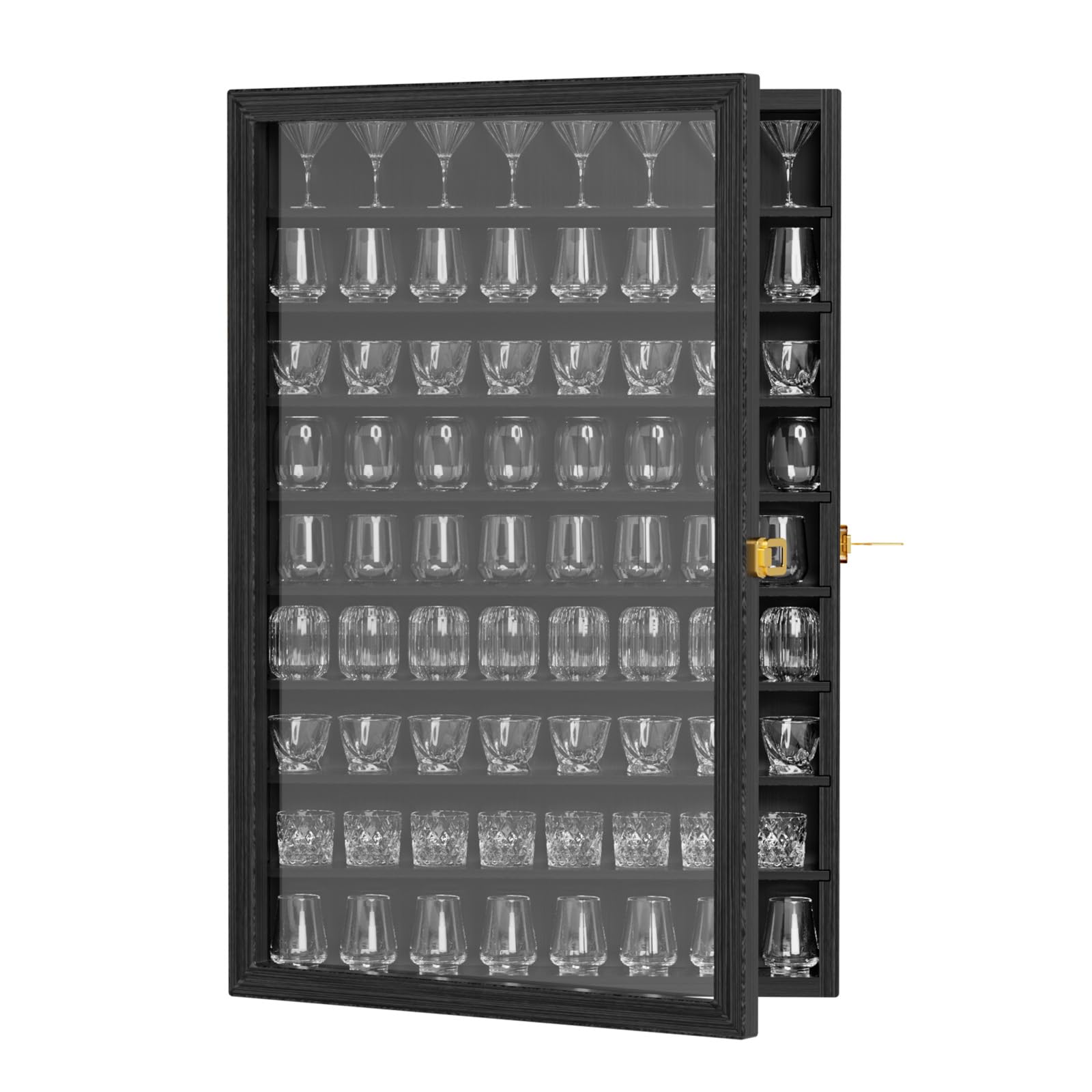 Shot Glass Display Case 72 Large Capacity Wooden Shot Glass Holder Wall Mounted Glass Shadow box Bar Cabinet with Acrylic Lockable Door and Removeable Shlves, 26.85"x17.5" x 3.35", Black