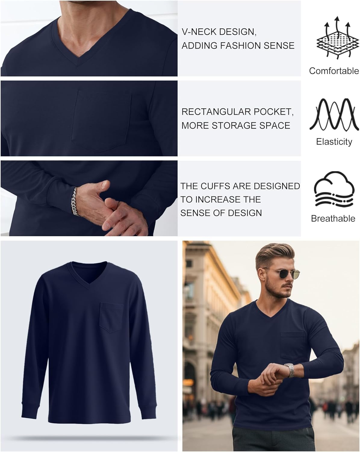 5 Pack Men's Big and Tall Shirts Long Sleeve V Neck Tee Casual Oversized Tops Loose Basic T Shirts with Pocket - Image 4