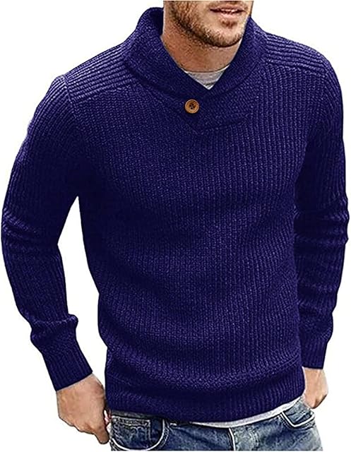 FUERI Mens Shawl Collar Jumper Fine Knit Pullover Elegant Regular Fit Sweater Knitwear Winter Tops