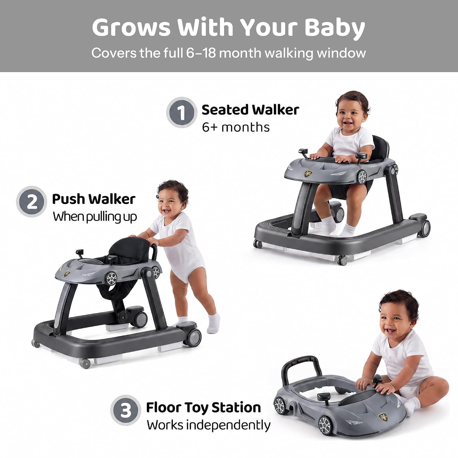 4-in-1 Baby Walker, Foldable Activity Walker with Adjustable Height and Speed, Music, Removable Activity Tray, Anti-Slip Protection, Baby Walker with Wheels for Boys Girls 6-18 Months (Grey)