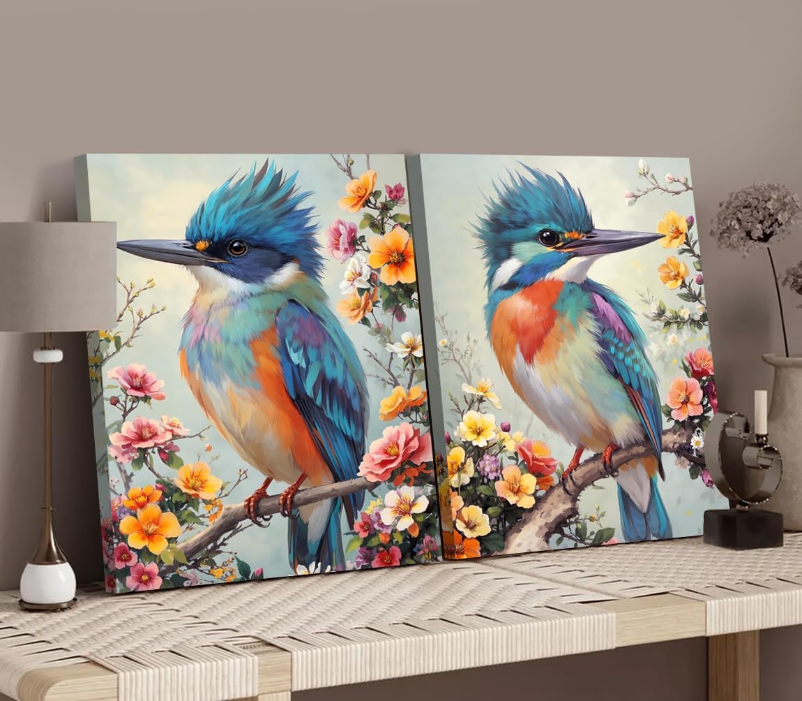 Framed Bird Wall Art Prints,Flowers Birds Picture Wall Decor,Set of 2 Vintage Floral Bird Sitting on Tree Branch Canvas Wall Art Paintings for Kitchen Bedroom Living Room Decor12 x16