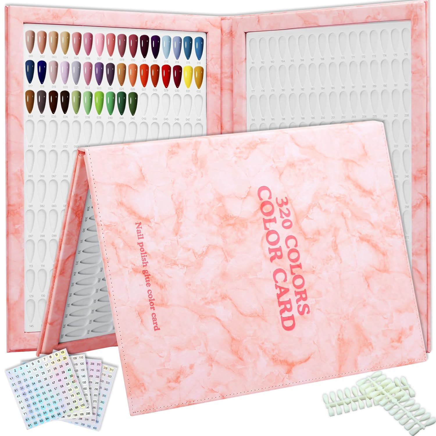320 Nail Color Book,with 480 Flase Tips & 1-400 Number Sticker Labels,Leather Professional Nail Color Swatches Book for Polish UV Gel(Pink)