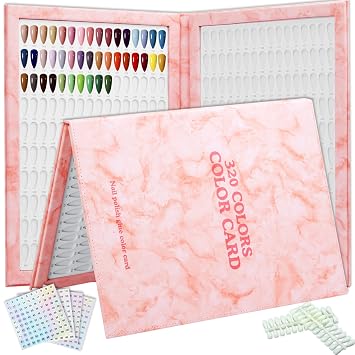 320 Nail Swatch Book,with 480 Flase Tips & 1-400 Number Sticker Labels,Leather Professional Nail Color Swatches Book for Polish UV GelPink