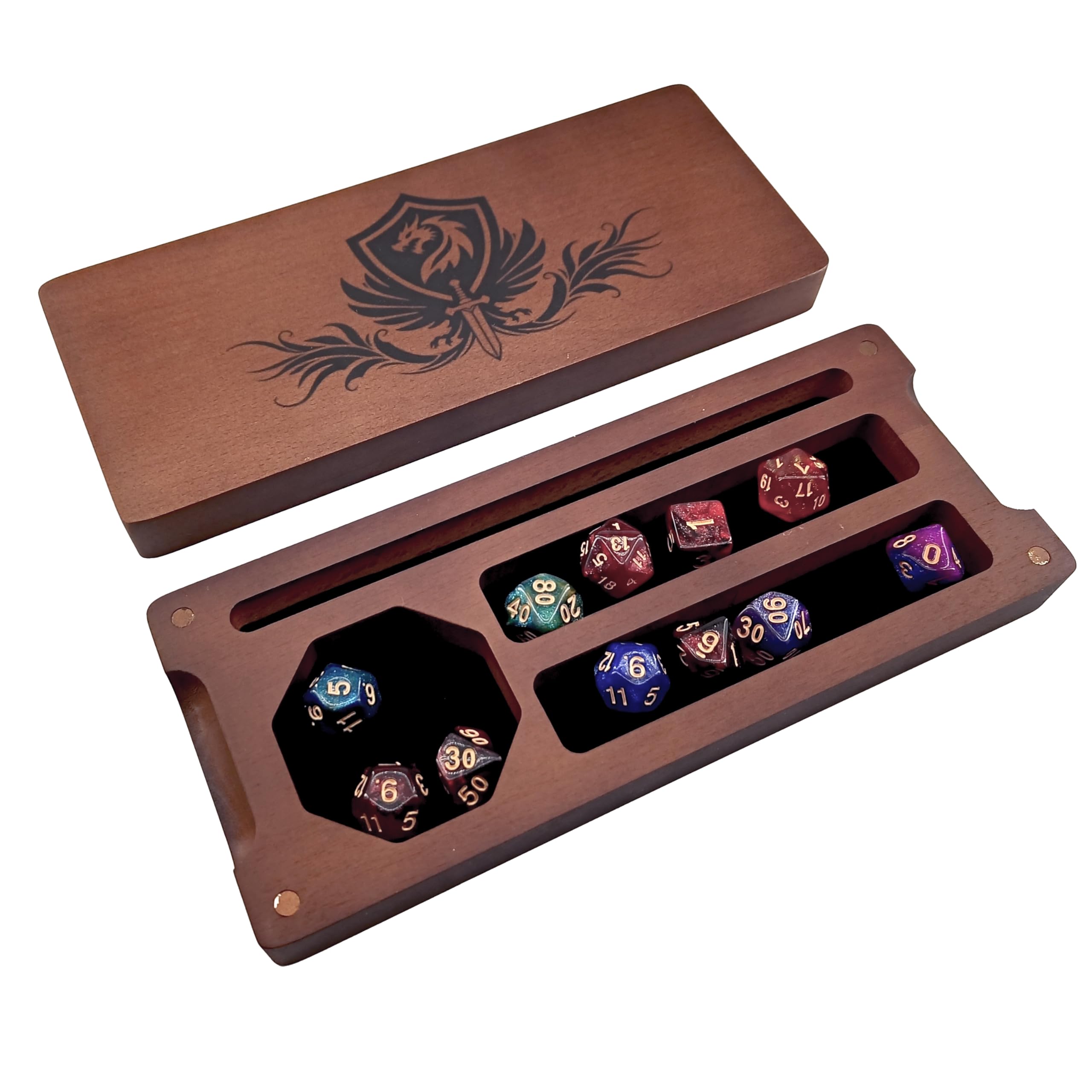 Boîte à dés DND en bois de 24,1 x 10,2 cm - Plateau à dés de voyage avec couvercle magnétique doublé en feutre - Accessoires Donjons et Dragons