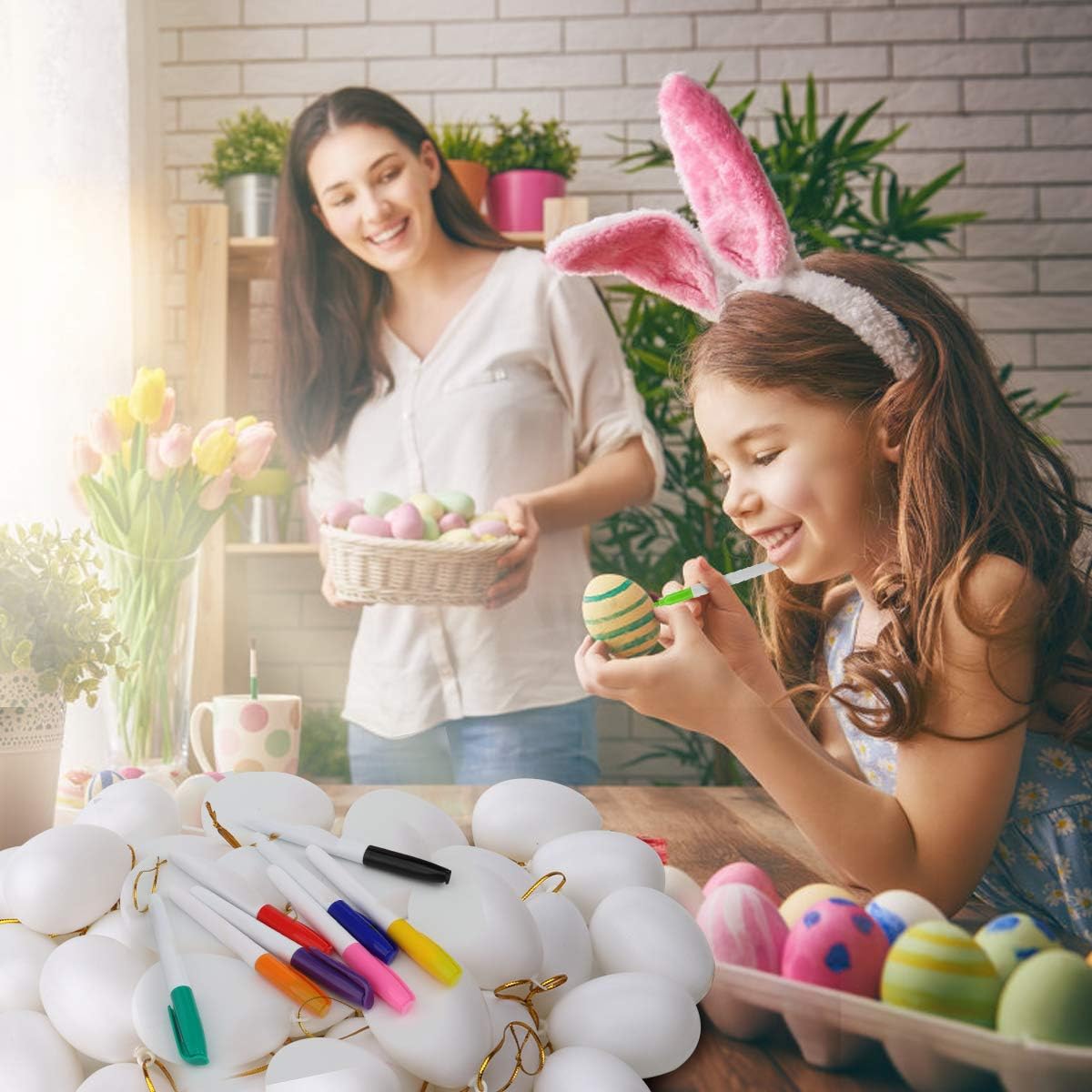 UFUNGA 30 Pcs White Blank Easter Eggs with 8 Pens, Hanging Plastic Easter Eggs with Rope, Artificial DIY Creative Decoration Eggs for Party Favors
