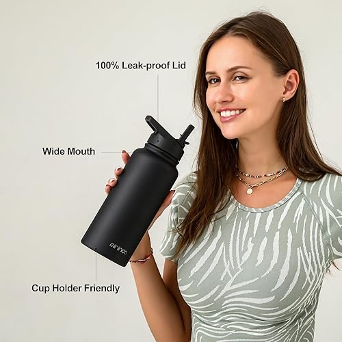 Miniatura 6 de Botella de agua aislada de 32 onzas con popote, termo de acero inoxidable de doble pared al vacío con tapa para popote y tapa para beber, a prueba