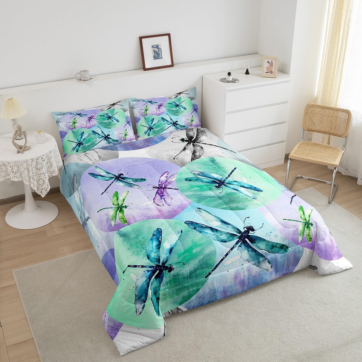 Dragonfly Comforter Set Queen Size,Wildlife Summer Rustic Farmhouse Bedding Set,Girls Boys Adults Room Decor,Geometric Circles Patchwork Fashion Down Comforter,Colorful Duvet Insert,2 Pillowcases