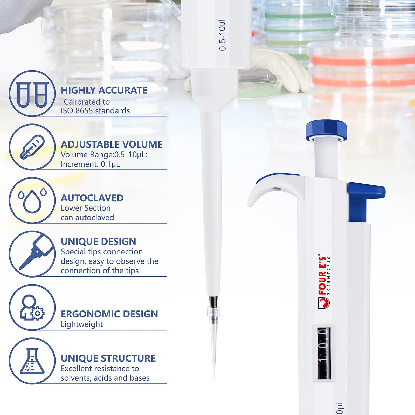 0,5-10μl mikropipeta pipetor pipeta laboratoryjna pipeta jednokanałowa dla laboratorium ISO8655 przyrost 0,1μl