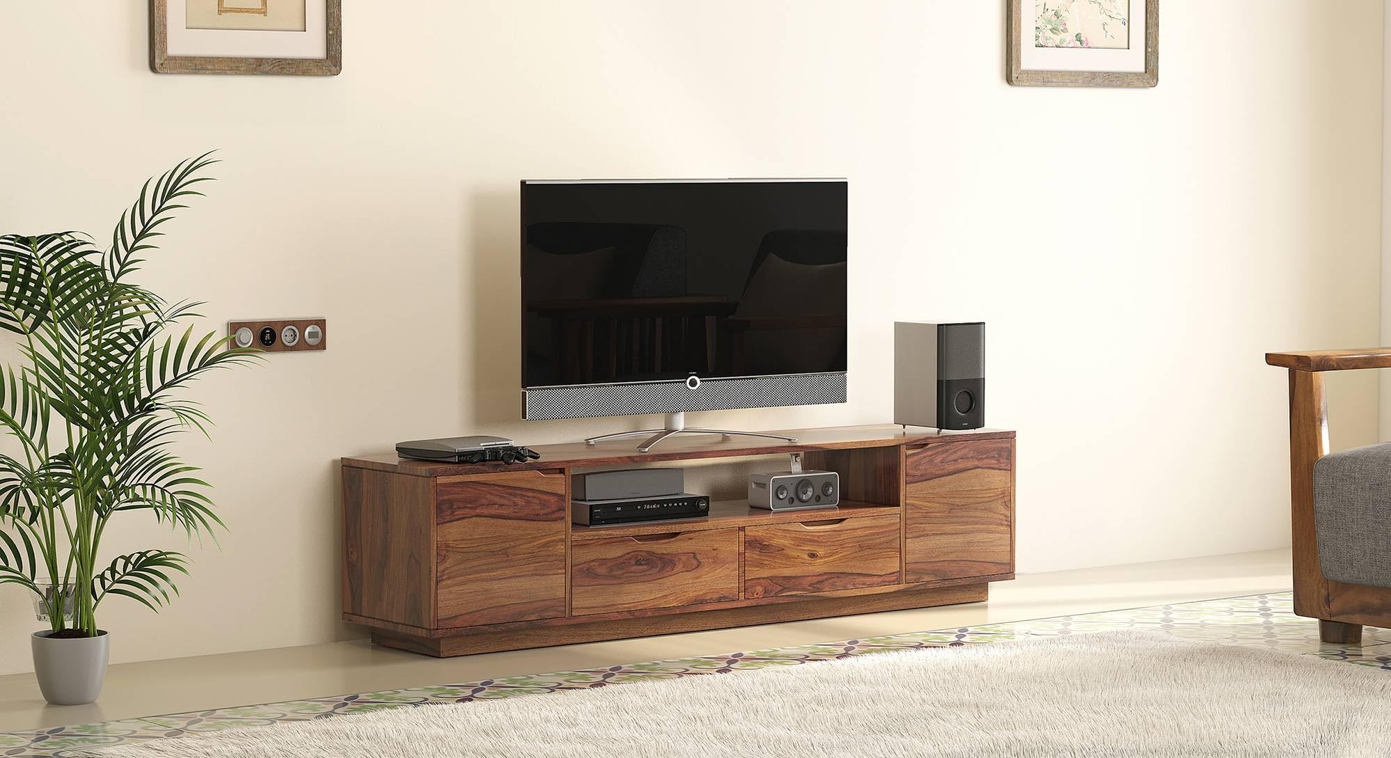 Solid Sheesham Wood TV Unit, 165 cm W, Free Standing, TV Cabinet with Storage | Honey-image-39