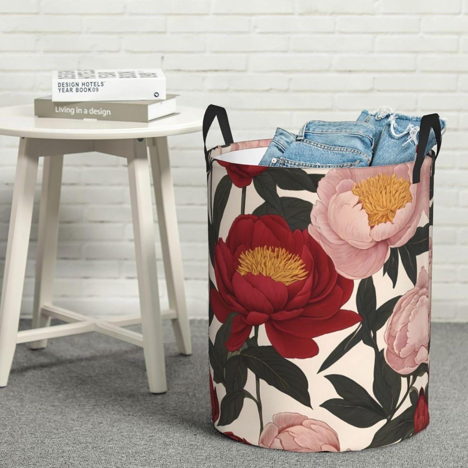 Blooming Peonies Round Single-layer Laundry Basket, Portable Storage Laundry Basket, Bedroom Clothes Storage Basket with Handle