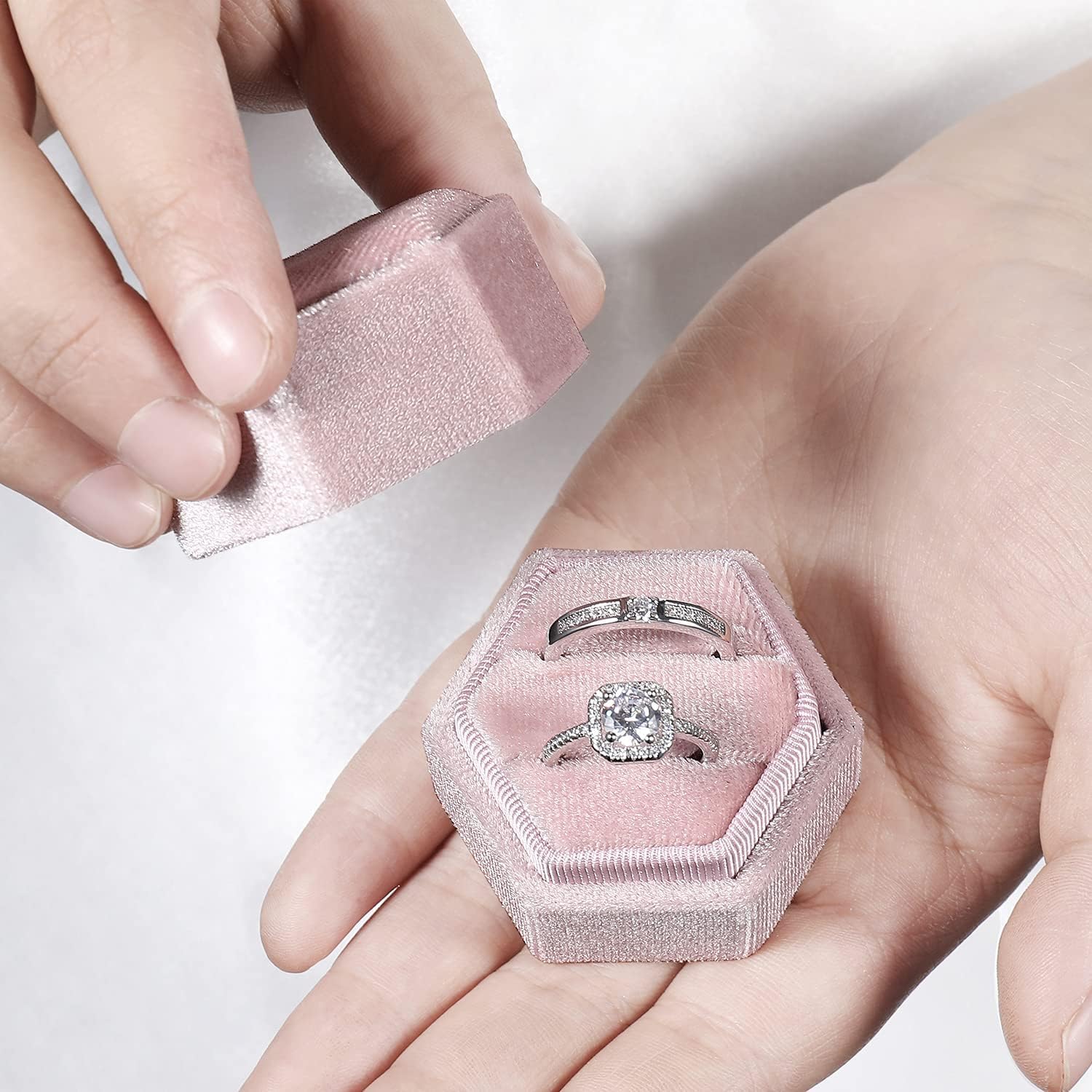 Caja de Anillo geométrica Hexagonal, Soporte de Anillo de Doble Ranura de Terciopelo, Caja de joyería, Cajas de Anillos de Compromiso, Estuche de joyería