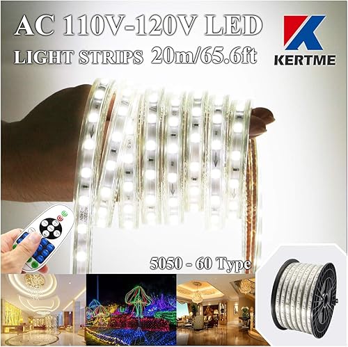 Tira de luces LED blancas tipo 5050-60 CA de 110-120 V, flexible, impermeable, regulable, multimodos de luz LED + control remoto de 23 teclas para