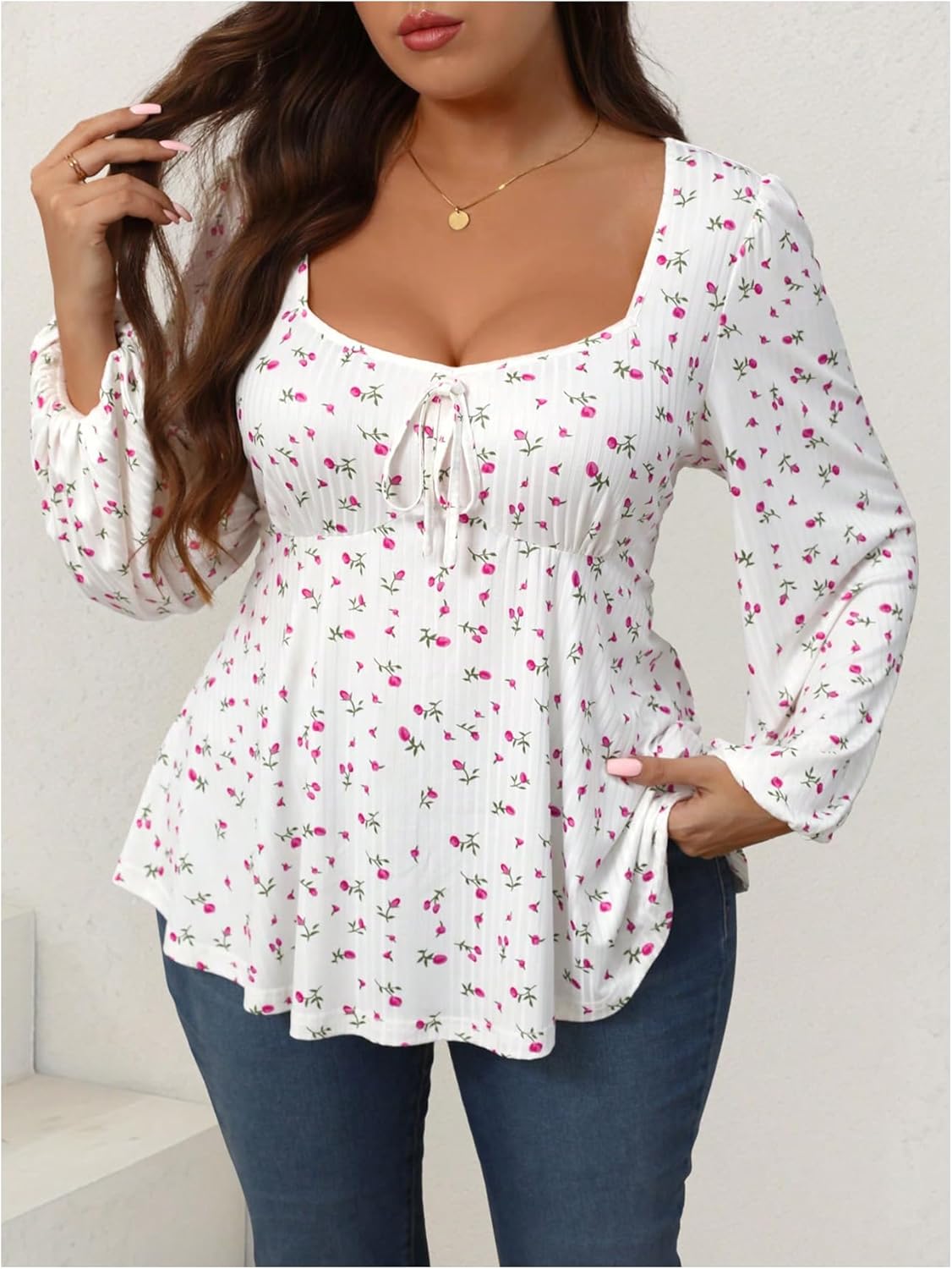 SOLY HUX Women's Plus Size Floral Peplum Tops Square Neck Long Sleeve Tie Front Ruffle Hem Tee Fall T Shirt - Image 4