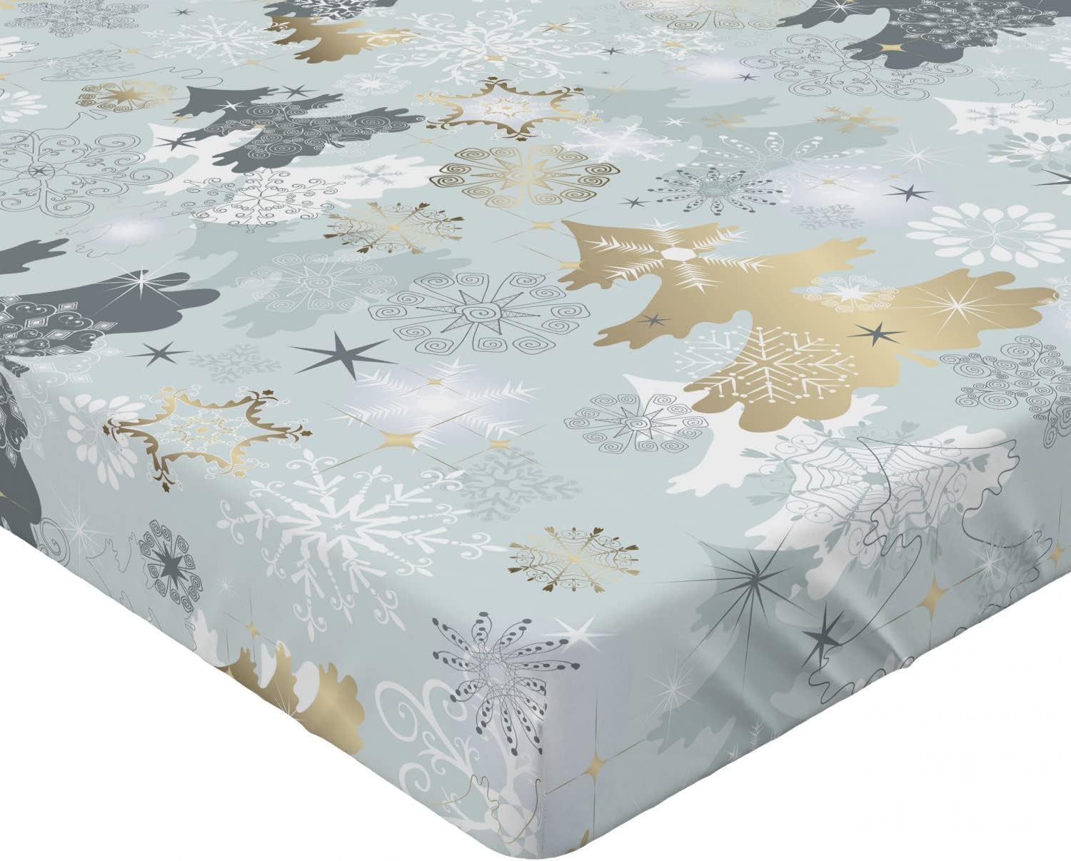 Ambesonne Christmas Fitted Sheet, Retro Style Pine Over Snowflake Background in Pastel Tones Print, Soft Decorative Fabric Bedding All-Round Elastic Pocket, Queen Size, Green Yellow