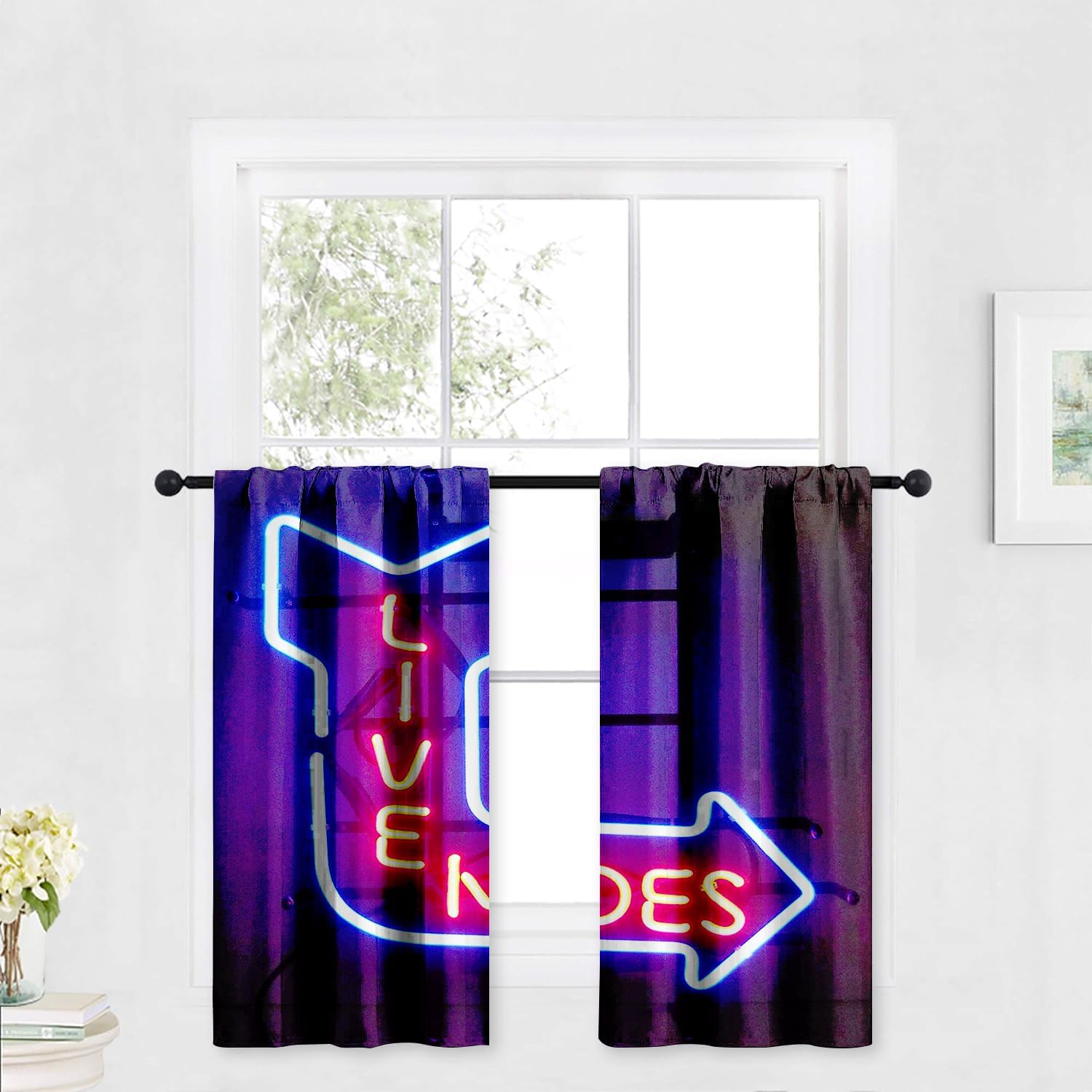 Funny Short Curtains, Blackout Thermal Small Curtains for Windows Kitchen Cafe Bedroom, Neon Sign Blue Decor Rod Pocket Window Curtains 2 Panels Set, 36" W x 63" L