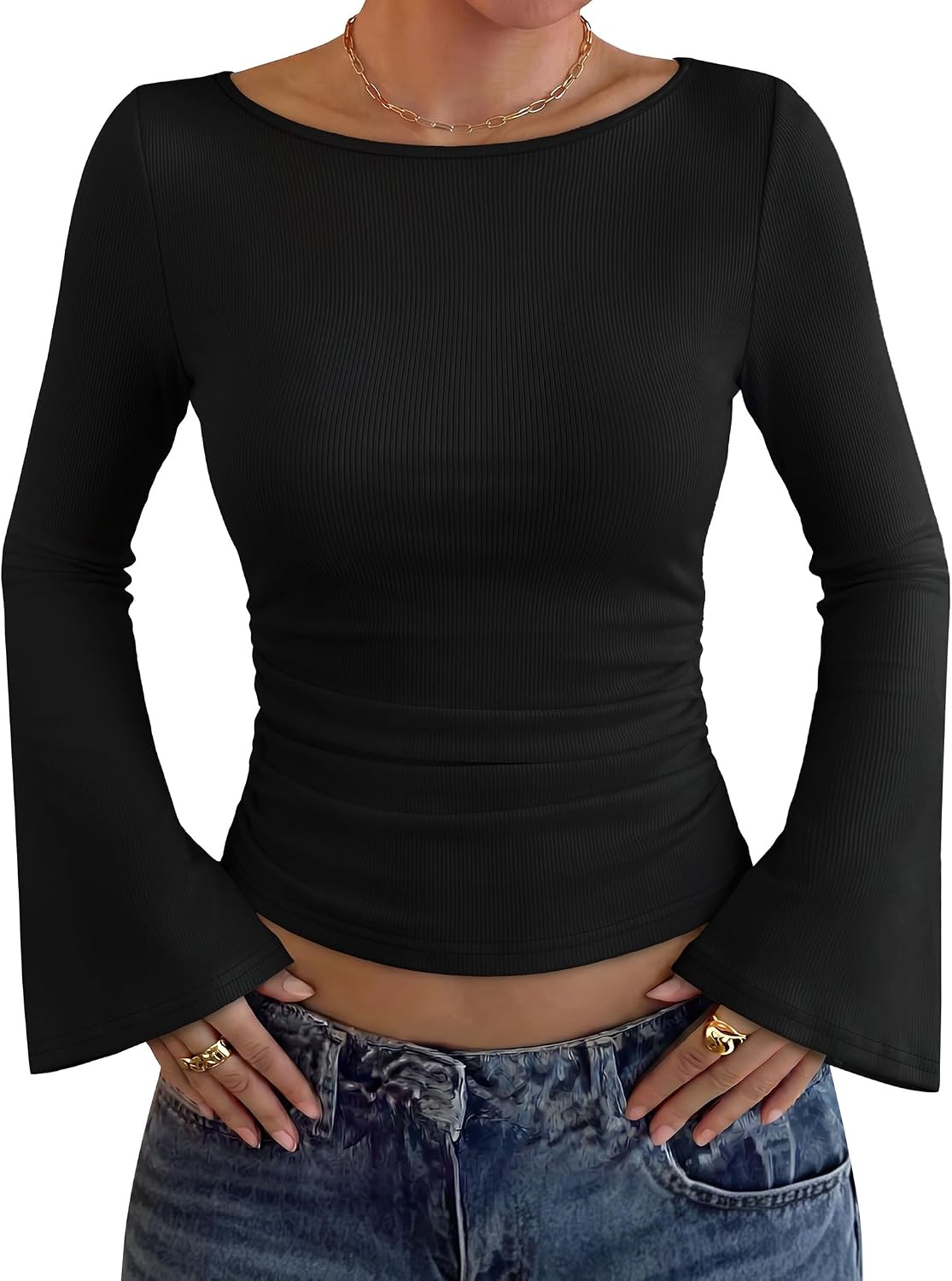 WIHOLL Tops for Women Trendy Long Sleeve Boat Neck Work Basic Tees Black XL
