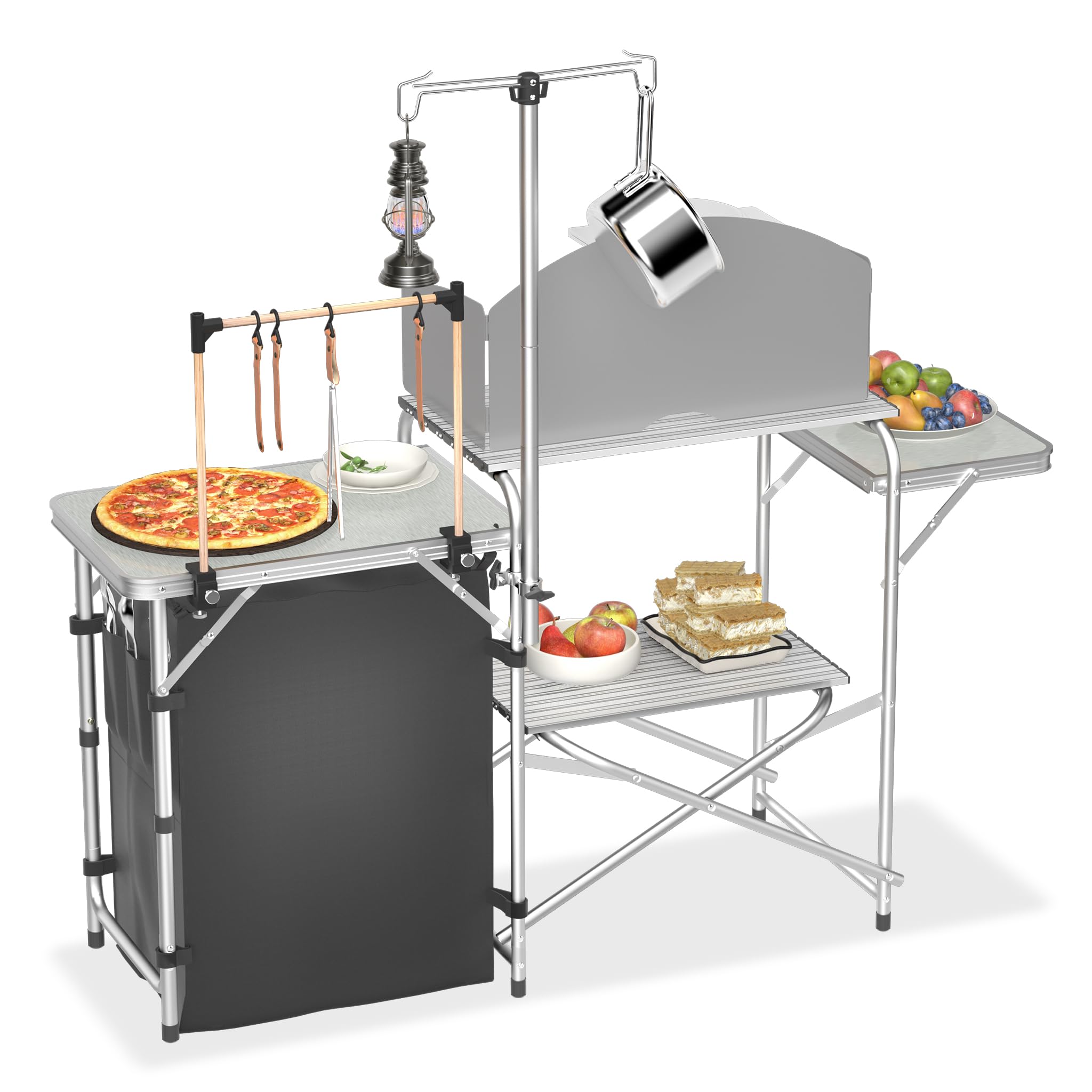 AufuN Armoire de cuisine de camping pliable avec table de cuisine d'extérieur, compartiment robuste, 3 plans de travail, boîte de cuisine, cuisine de voyage pour camping, jardin, 146 x 46 x 141 cm
