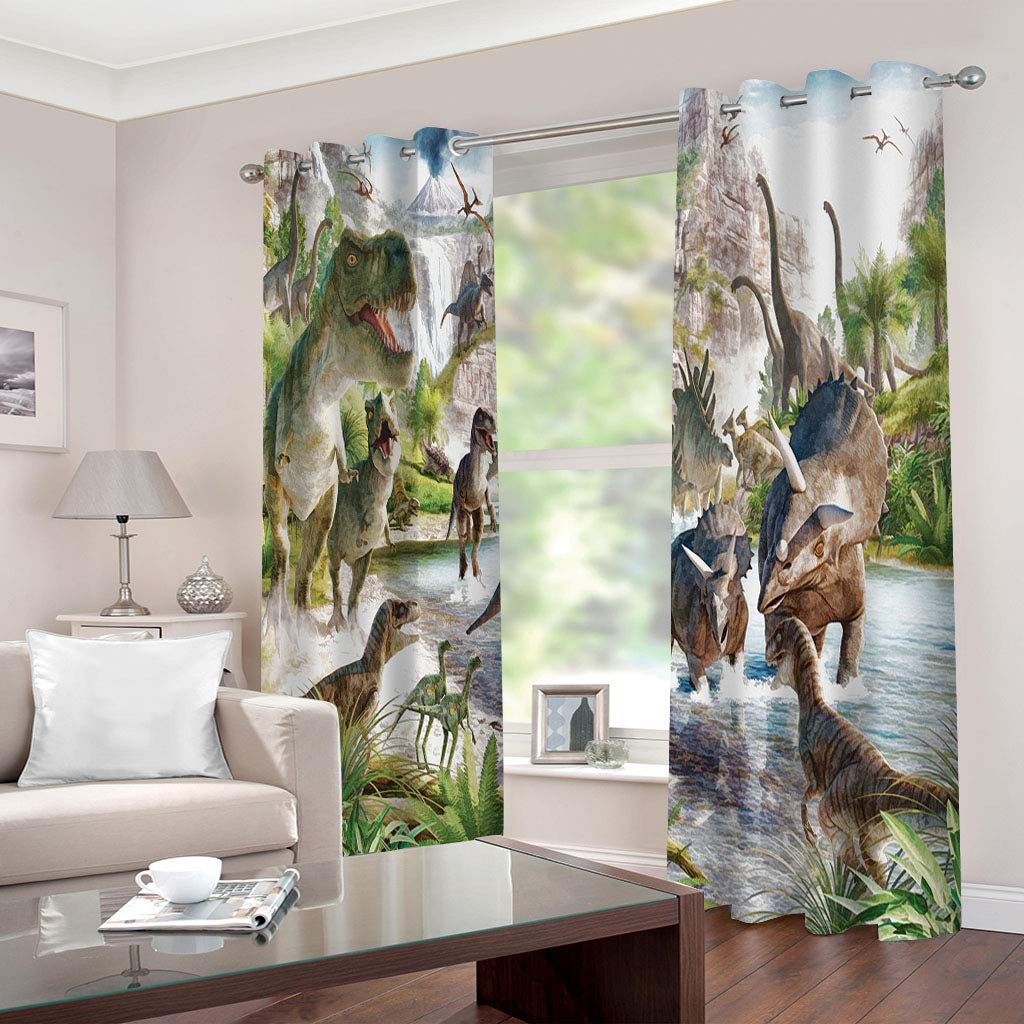 Rideaux Chambre Enfant 3D Impression Dinosaure Animal Rideau Enfant Voilage 200x160 Cm Salon Voilage, Voilages À Oeillets Décor Chambre, Moderne Fenêtre Isolation Thermique, Motif