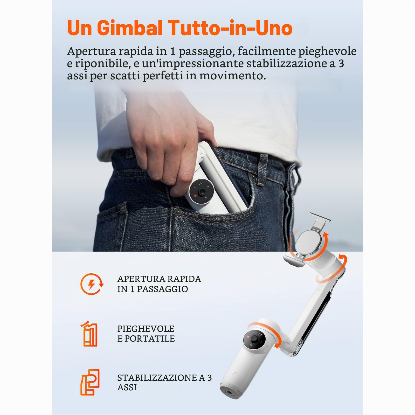 Insta360 Flow - Stabilizzatore per smartphone potenziato dall'IA, dotato di tracciamento, stabilizzazione a 3 assi, selfie stick e treppiede incorporati, portatile e pieghevole, Bianco Artico