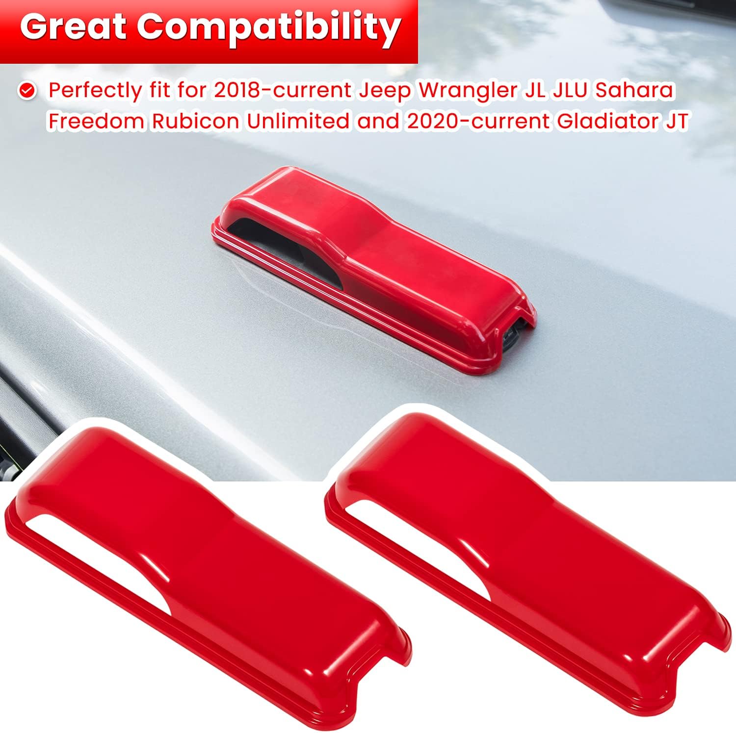 Engine Hood Hinge Cover Trim Exterior Accessories Decoration for 2018-2025 Jeep Wrangler JL JLU Sports Sahara Freedom Rubicon Unlimited Gladiator JT 2-Door & 4-Door (Red 2PCS)