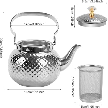 Hammered Tea Pot, Stainless Steel teapot Loose Leaf Kettle for Tea, Milk, Coffee, 1.2L Teapot with Strainer Stovetop Tea Kettle, Outdoor Travel Supplies, Tea Gift Sets for Women (Silver)