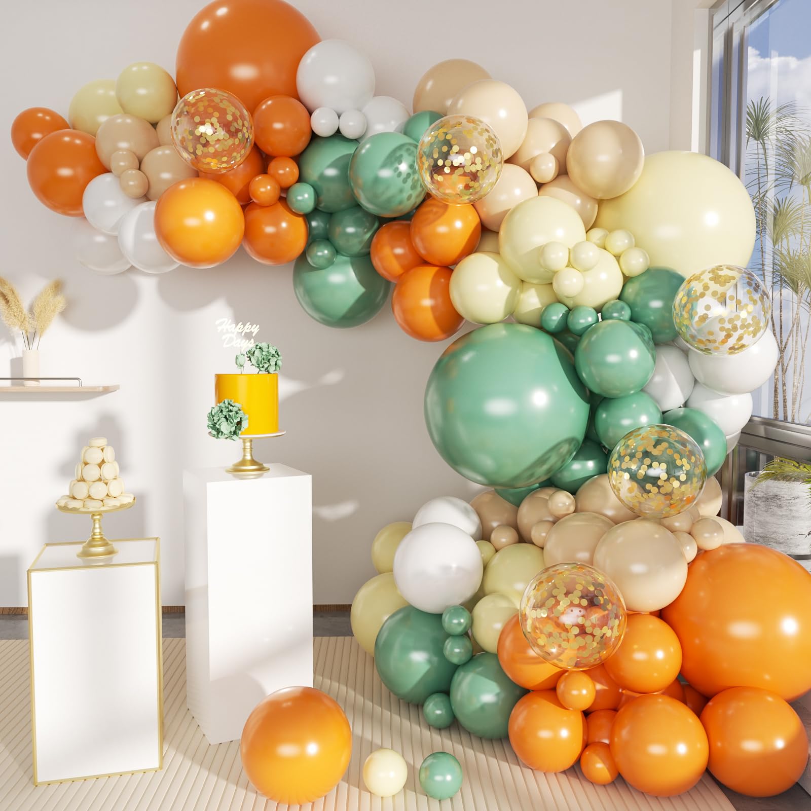 MEBAY Sage Green Orange Balloon Arch Kit, 141Pcs Pea Green Orange Pastel Yellow Sand White and White Latex Balloons for Birthday Wedding Baby Shower