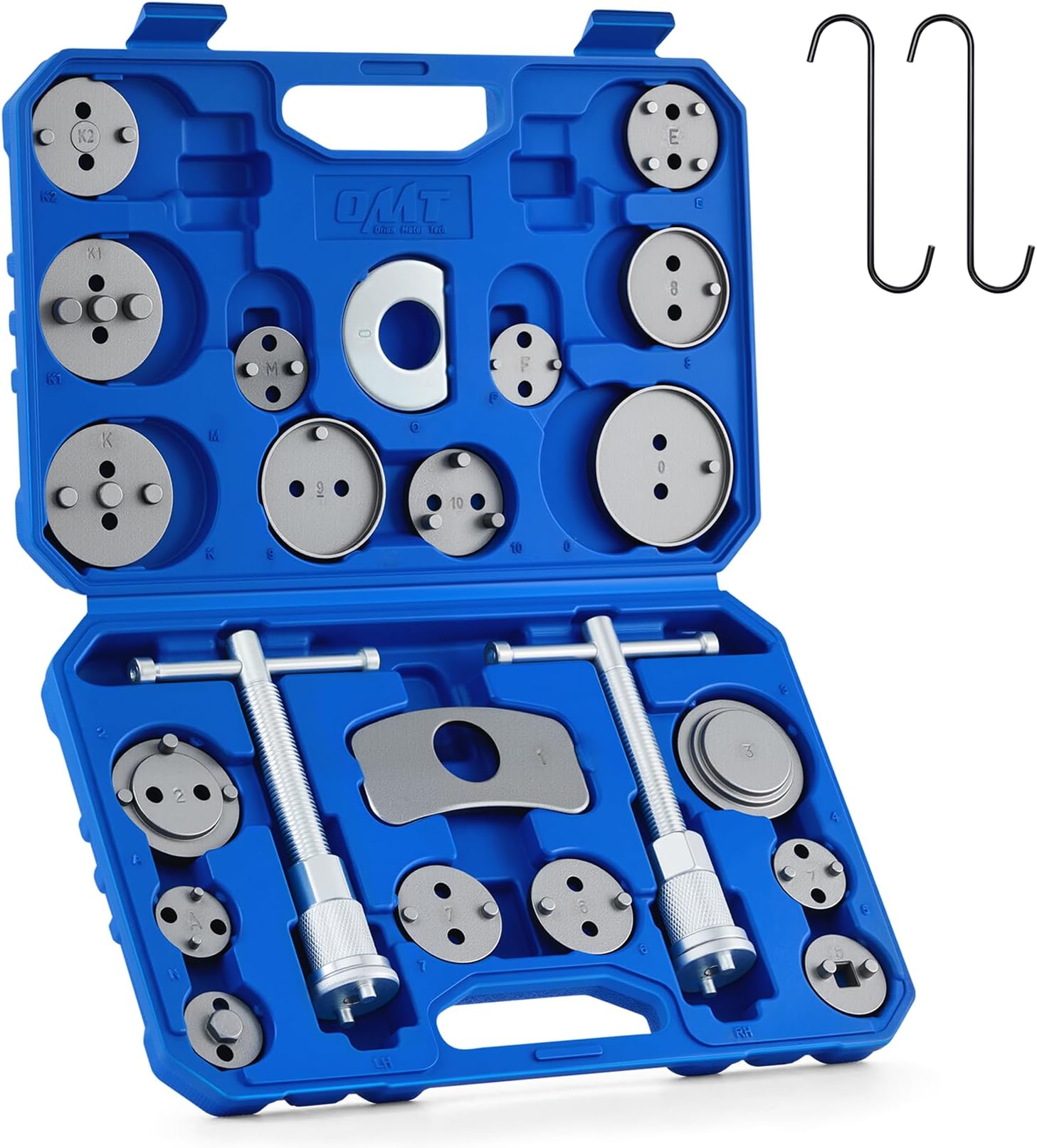 OMT 24pc Brake Caliper Compression Tool with Adapters & Hangers, Sandblast | 1045 Steel Construction; Full Multi Piece Set for Most Vehicles; Thrust Bolt Assemblies; Precision Auto Repair